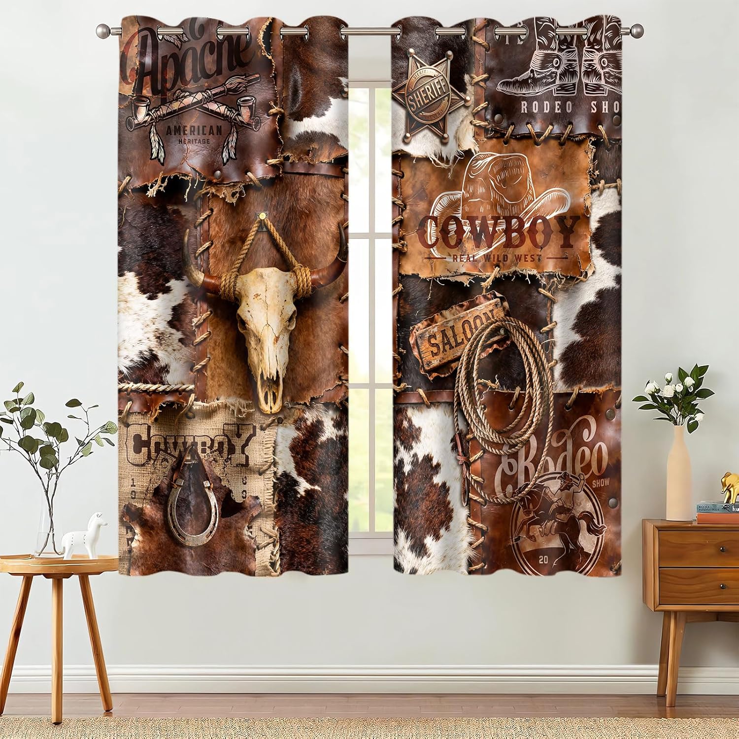 Western Cowhide Blackout Curtains,Cowboy Hat Boots Horseshoe Rope Cow Skull Drapes,5263inch Rustic Farm Animal Skin Window Treatments for Bedrooms Living Room Kitchen,2Panel HI0129YL