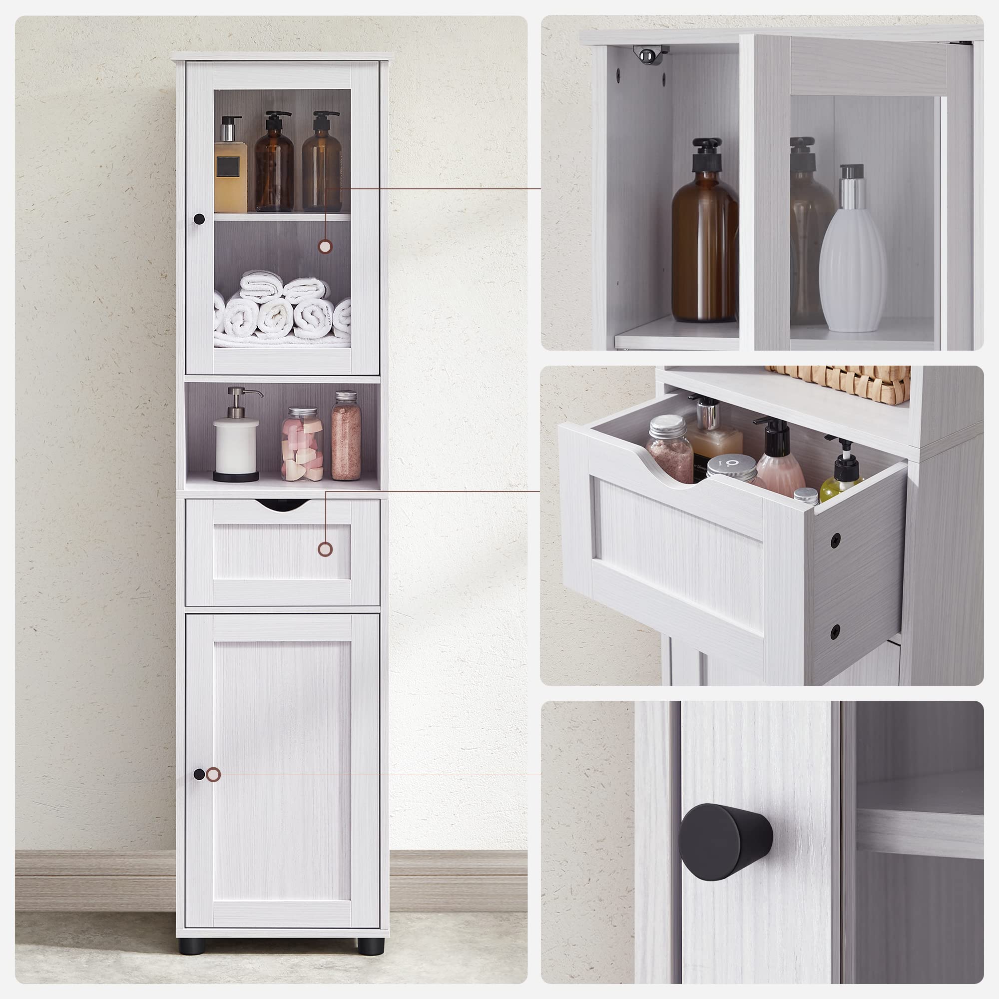 VASAGLE Mueble Baño, Armario Baño, Armario Alto, Compartimento Abierto, Puerta de Cristal, Estrecho, con Patas, Estantes Regulables en Altura, Ahorro de Espacio, Blanco Arce BBK163T44