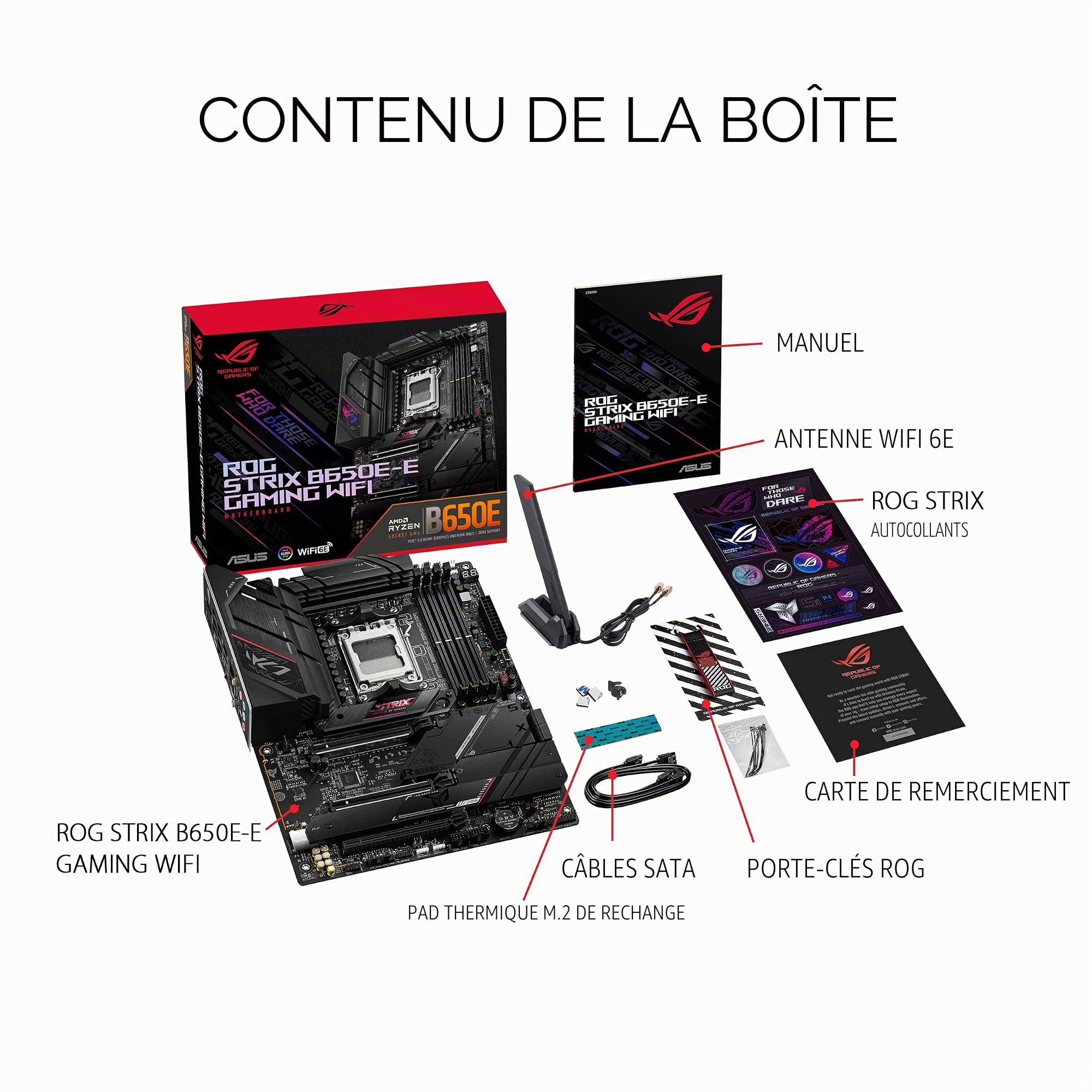 ASUS ROG STRIX B650E-E GAMING WIFI – Carte mère gaming AMD Ryzen AM5 ATX (16+2 phases d'alimentation, DDR5, 4 x M.2, PCIe 5.0, WiFi 6E, 2.5G LAN, USB 3.2 Gen 2x2 Type-C rear I/O port, Aura Sync RGB)