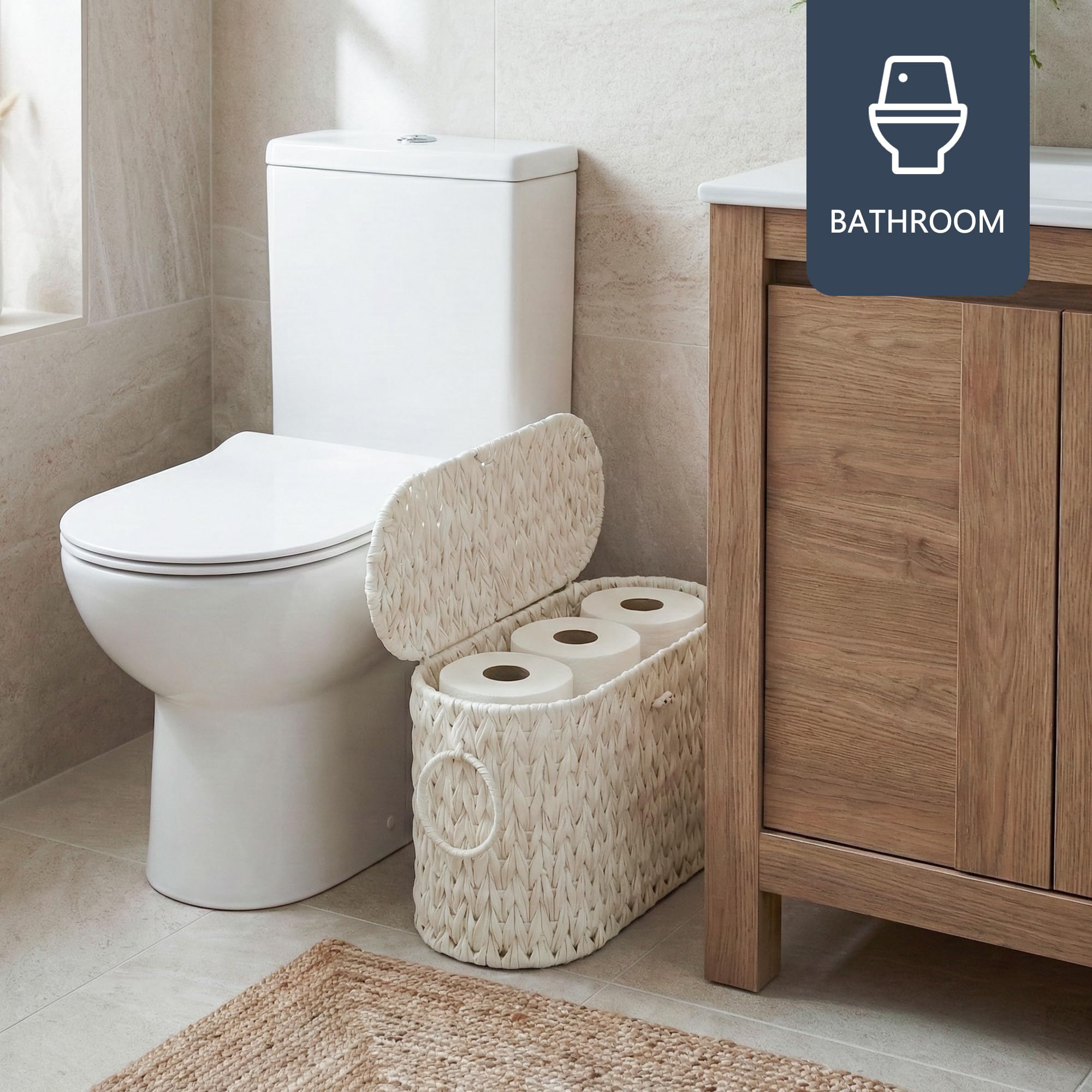 Coeusy Cesta de papel higiénico, almacenamiento de papel higiénico de mimbre con tapa, contenedor de almacenamiento de papel higiénico con asa, organizador de papel higiénico bohemio decorativo