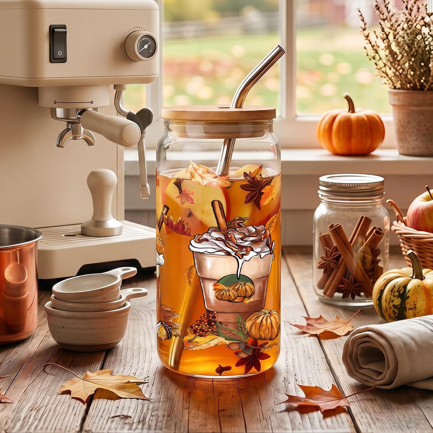 Fall Glass Cup Gifts for Women, 16 Oz Pumpkin Spice Glass Cup with Lid and Straw, Football Season Iced Coffee Cups, Cute Autumn Coffee Tumbler Thanksgiving Gift for Her,Friends,Daughter