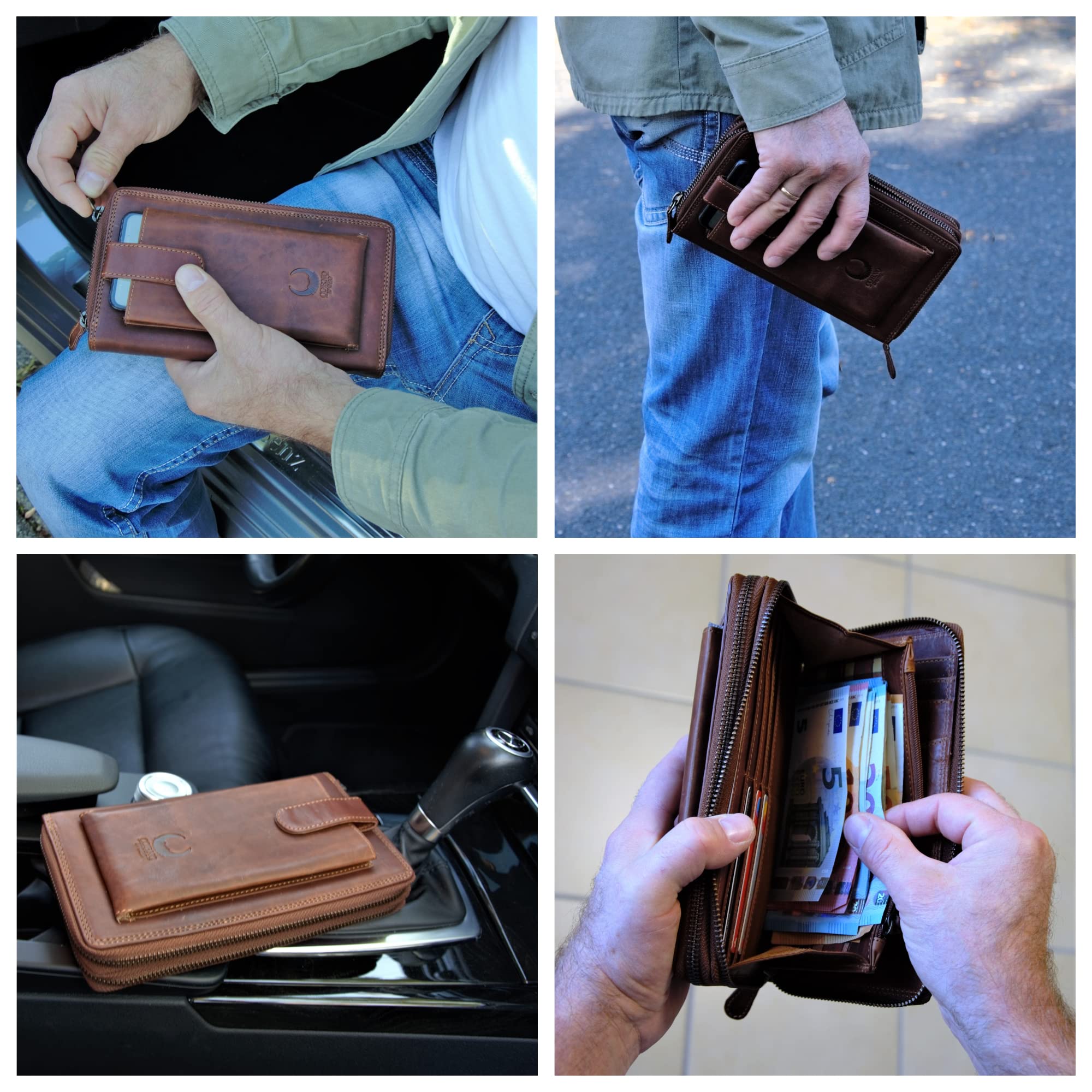 Corno d´Oro Portafoglio da viaggio in vera pelle, travel wallet RFID grande, portadocumenti per passaporto, telefono e documenti, marrone