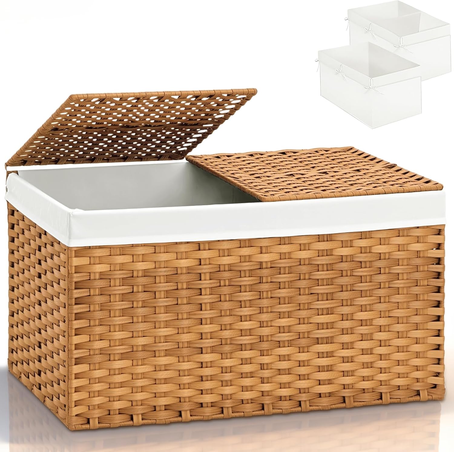 Storage Basket with Lid: Rattan Woven Storage Basket with 2 Separate Lids, 17.2 Gallon (65L), 22 x 13 x 13.8 Inches, Foldable, with 2 Removable Liner Bags & Handles, for Bedroom, Laundry Room, Natural