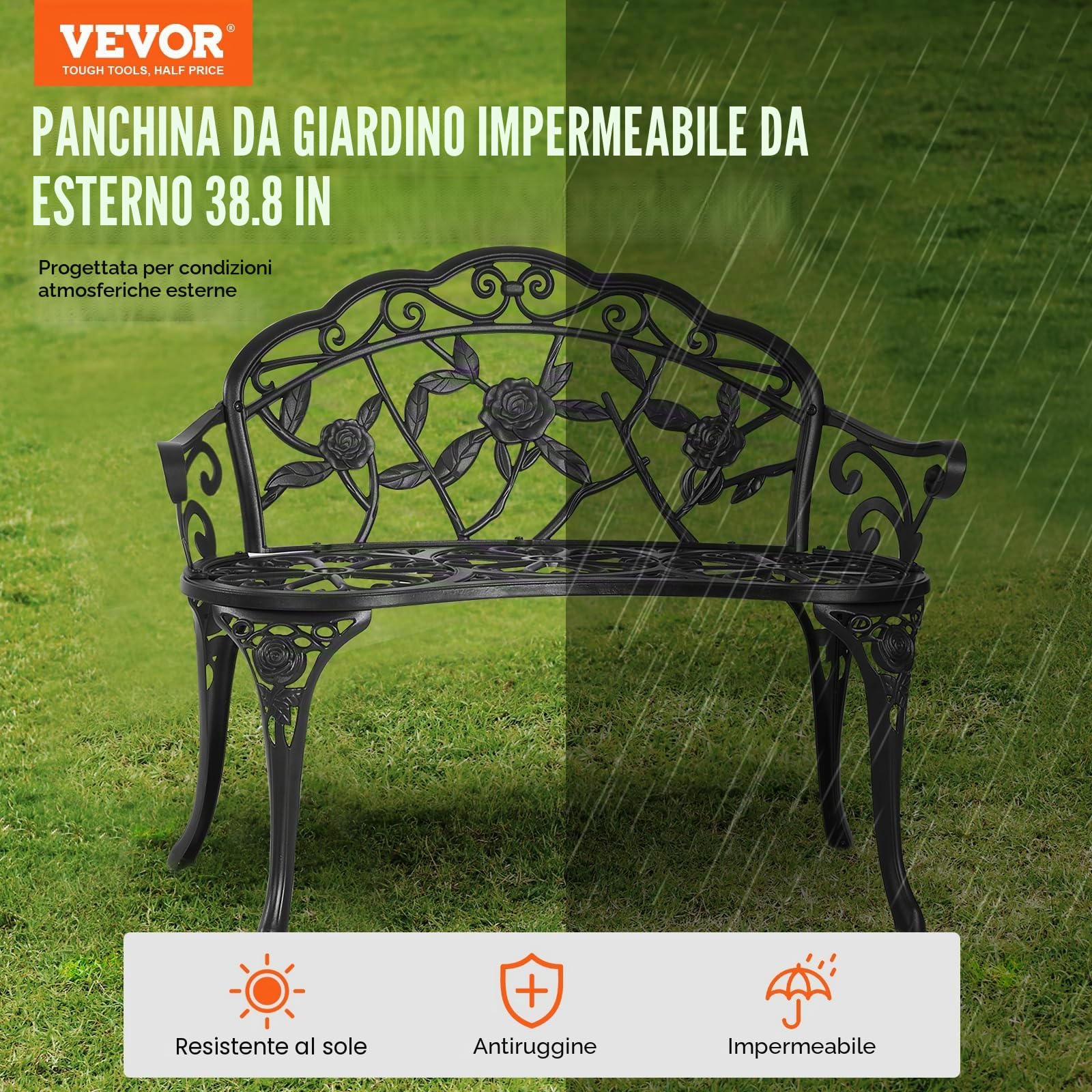VEVOR Panchina da Esterno da 57 x 98,7 x 79 cm Panchina da Giardino in Metallo per Esterni, Capacità di Carico di 218 kg Panchina da Giardino con Schienale, Braccioli, per Parco, Cortile, Portico