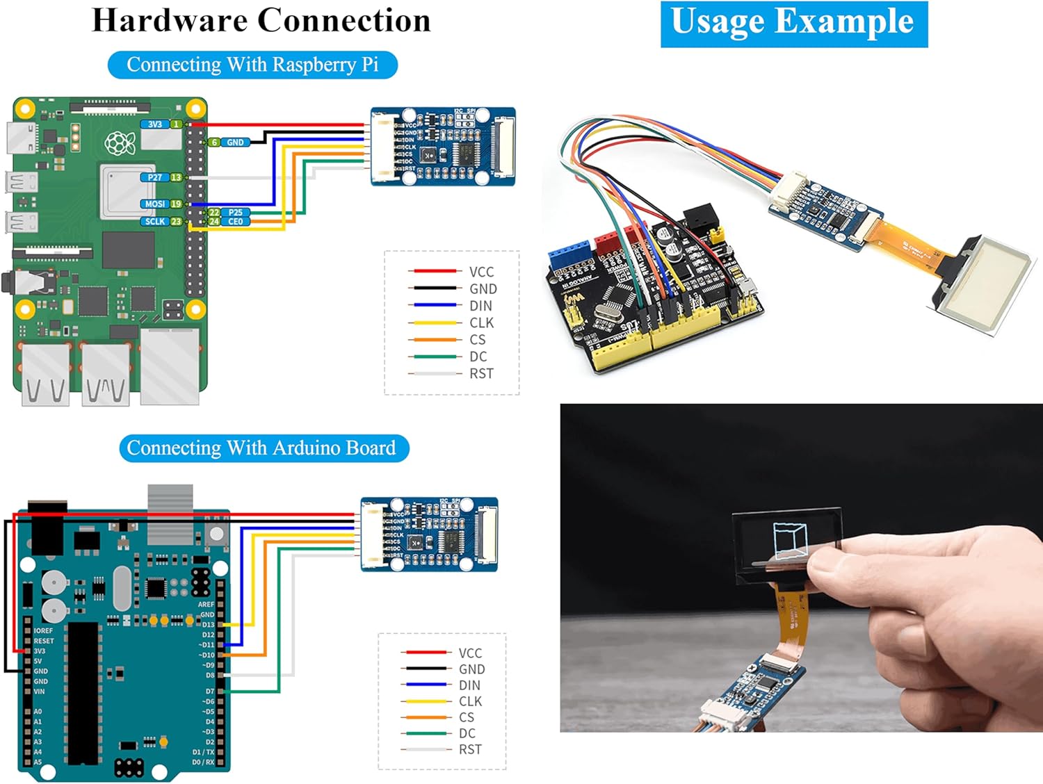 1.51inch Transparent OLED Compatible with Raspberry Pi 5/4B/3B+/3B/A+/Pi Zero W/Pi Zero 2W, 128 x 64 Resolution, SPI/I2C Interfaces, Embedded Independent Driver Chip, Light Blue Color Display