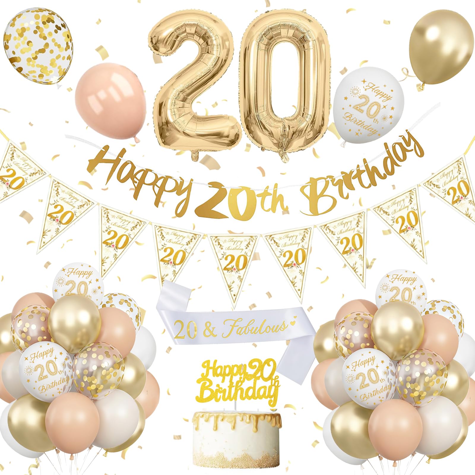 20th Birthday Decoration for Women,20th Birthday Decorations Girl, Beige White Gold Balloons With Happy 20th Banner, Cake Topper, Number 20 Foil Balloons for Women Men Party Decoration — image 1