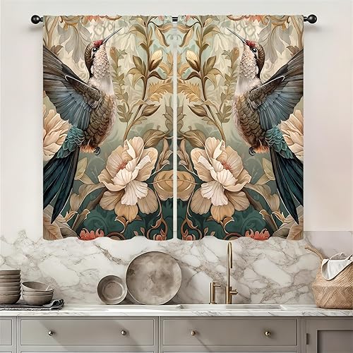 Miniatura 14 de Cortinas de cocina con estampado floral verde azulado de 27.5 pulgadas de ancho x 39 pulgadas de largo, 2 paneles con bolsillo para barra, rústicas,