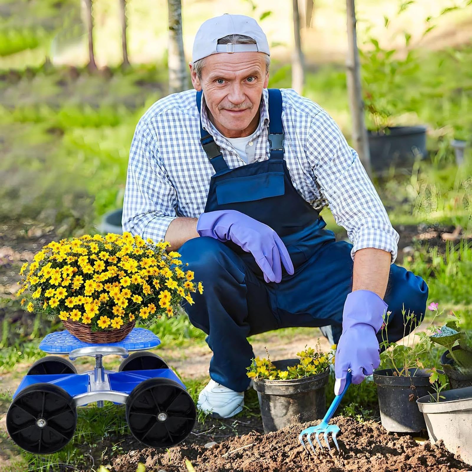 de jardín con asiento Silla giratoria 360 grados con ruedas | Taburete rodante para jardinería para exteriores jardín patio césped granja plantar desherbar personas mayores hombres