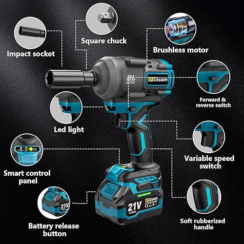 Miniatura 2 de Llave de impacto inalámbrica, pistola de impacto eléctrica sin escobillas de par máximo de 900 pies-lb (1200 N.m), retroceso automático de 3