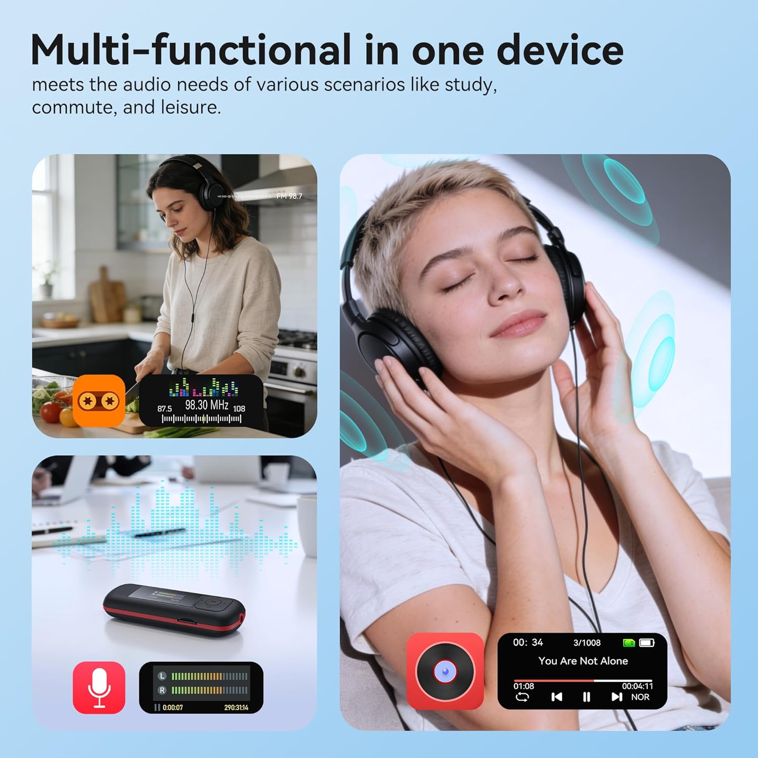AGPTEK A55PL MP3 Player demonstrating multi-functional use with FM radio, voice recording, and music playback