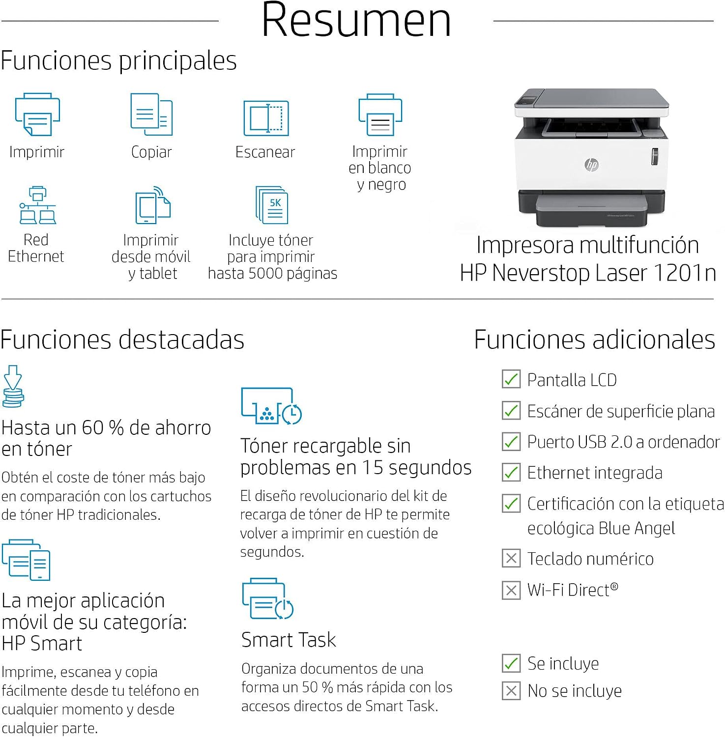 HP Neverstop Laser 1201n 5HG89A, Impresora A4 Multifunción Monocromo Con  Depósito de Tóner, Imprime, Escanea y Copia, Fast Ethernet, Puerto USB 2.0,  HP Smart App, Panel de Control LCD, Blanca : Hp: