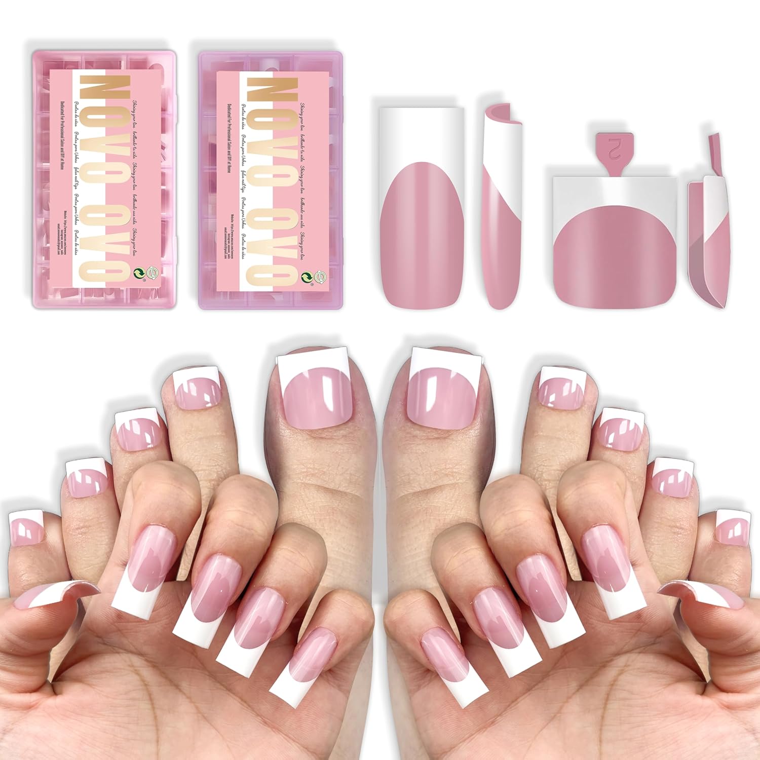 NOVO OVO Medium Sharp Square White French Tip Matching Set Nail Tips Press on BERRY PINK, Including One Box of Predesigned French Tip Soft Gel x Toe Nail Tips and One Box of Finger Nail tips