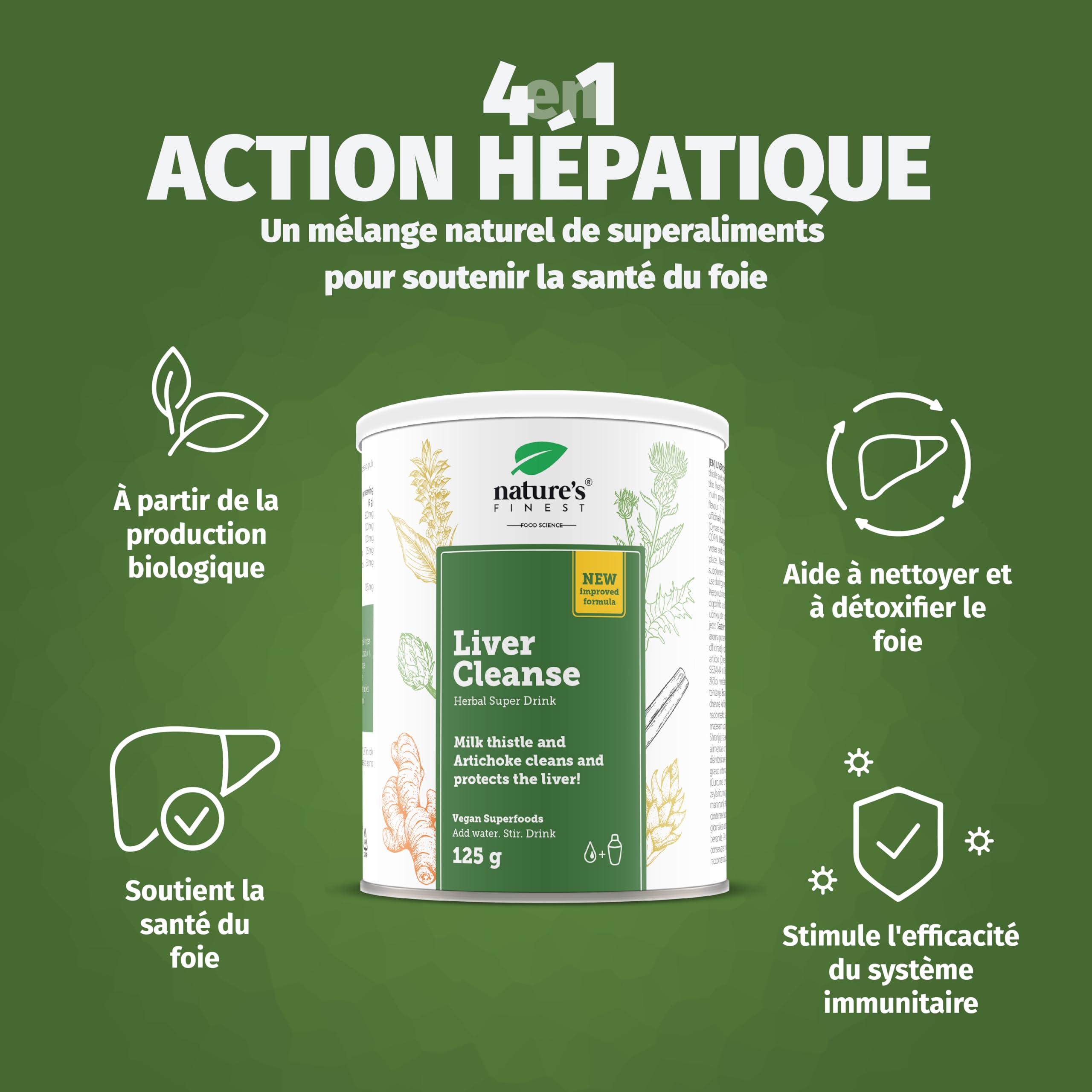 Nature’s Finest by Nutrisslim Detox Foie 125 g - Détox Puissant et Rapide, Chardon Marie Bio et Artichaut Extrait, Drainant Nettoyer Formula