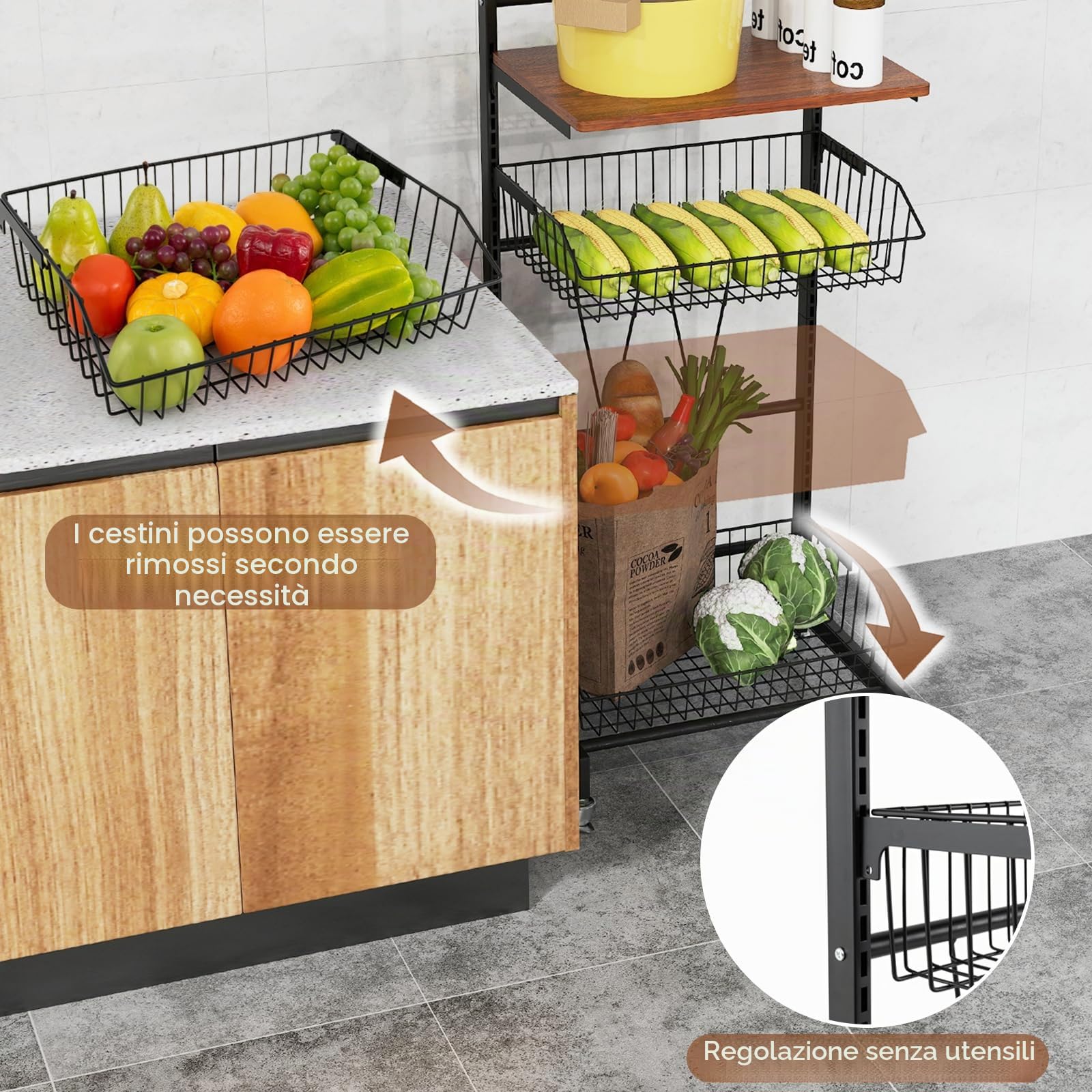 KOMFOTTEU Carrello Portafrutta e Verdura con Ruote, Cesta Mobile per Frutta con Coperchio in Legno, Carrello Ausiliare con Struttura in Metallo e Cestini Sfilabili a Maglia (3 Cestini, 40 x 31 x 88 cm