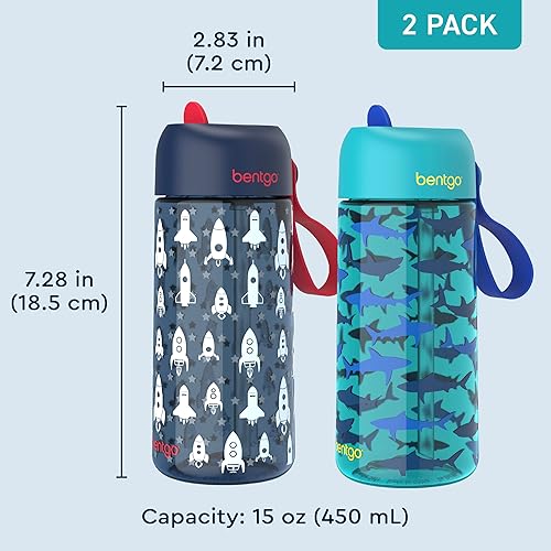 Miniatura 7 de Bentgo Botella de agua para niños, paquete de 2 unidades, a prueba de fugas, Tritan duradera, sin BPA, taza de 15 onzas para niños pequeños a partir