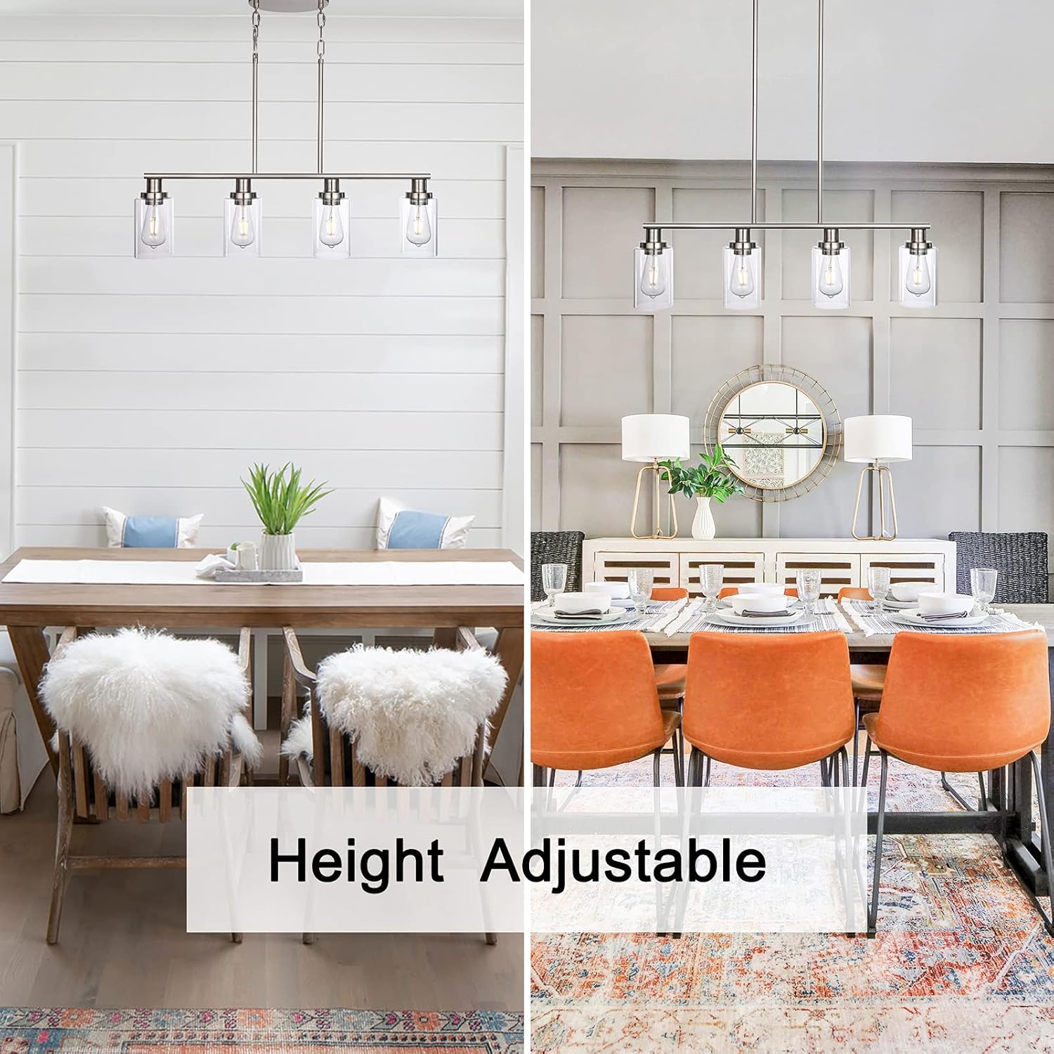 Kitchen Island Lighting, 4-Light Farmhouse Dining Room Light Fixtures Over Table, Linear Chandelier Pendant Lighting for Kitchen Island for Brushed Nickel Finish with Clear Glass Shade