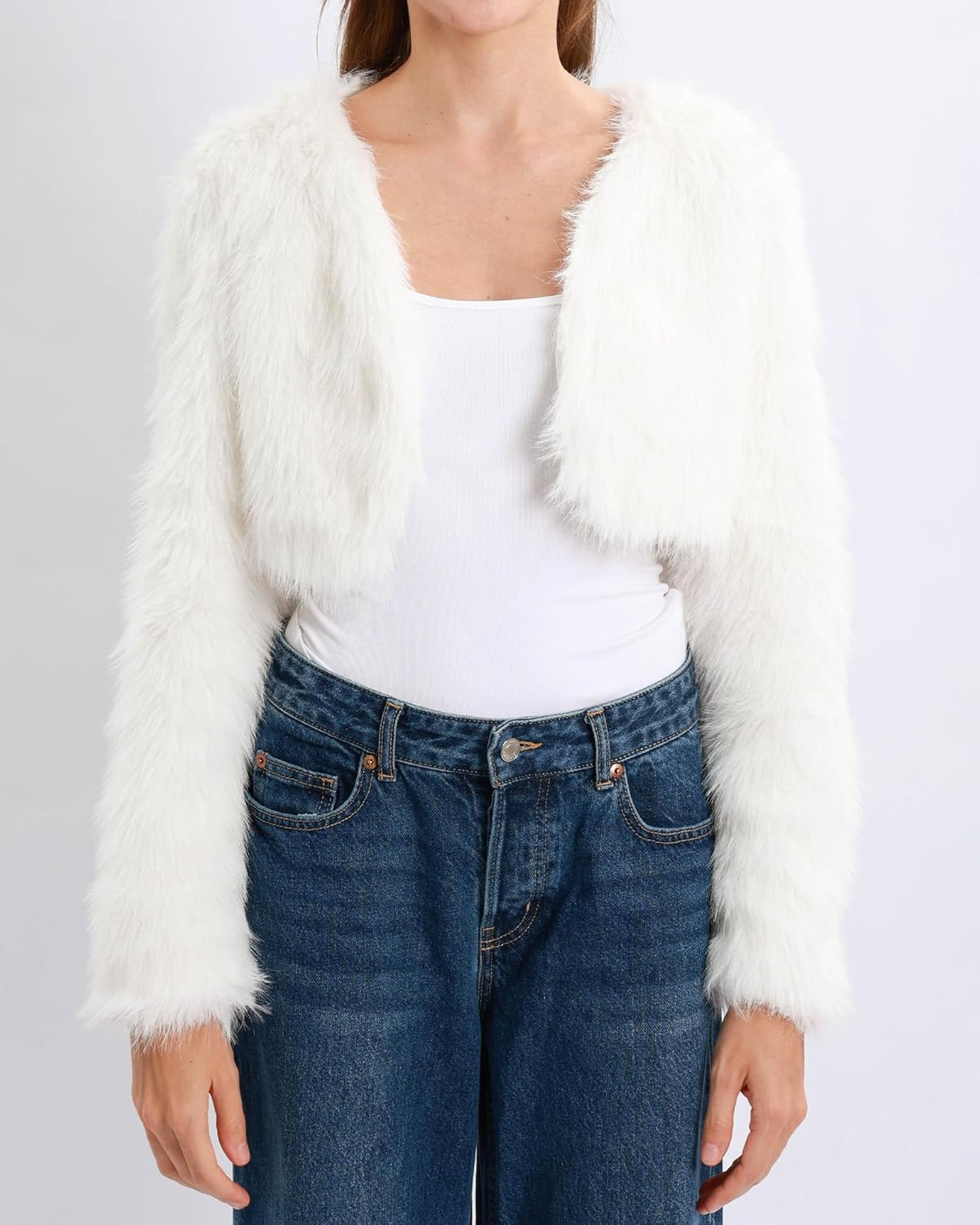 Xintianji Womens Faux Fur Cropped Jacket - Open Front Long Sleeve Winter Fuzzy Fleece Coat - Image 6