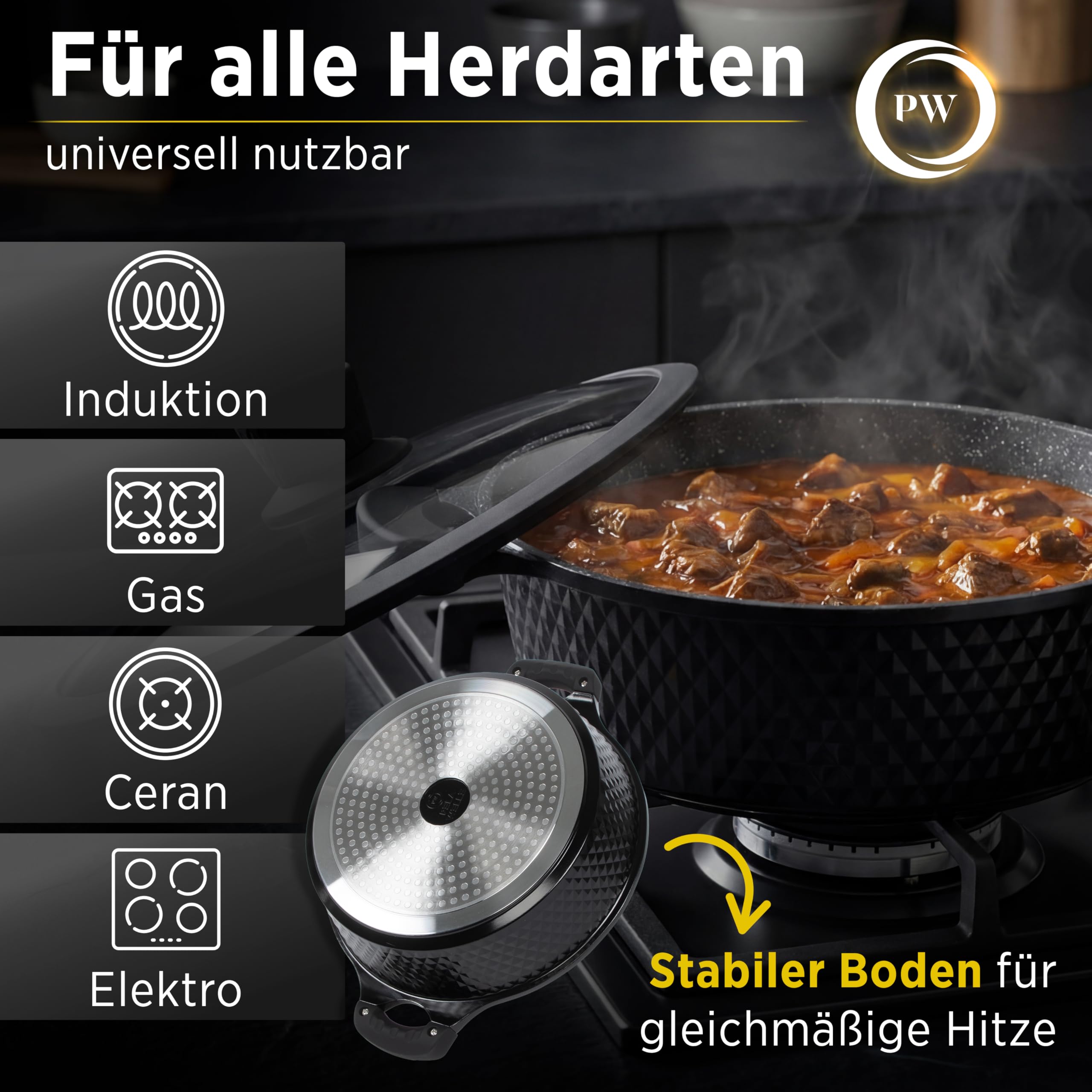 Pela Welle® Bratpfanne 28 cm | beschichtete Pfanne Induktion | Schmorpfanne 28 cm hoher Rand | frying pan induction | Keramikpfanne | Schmorpfanne mit Deckel | Brat- & Universalpfanne | Schwarz