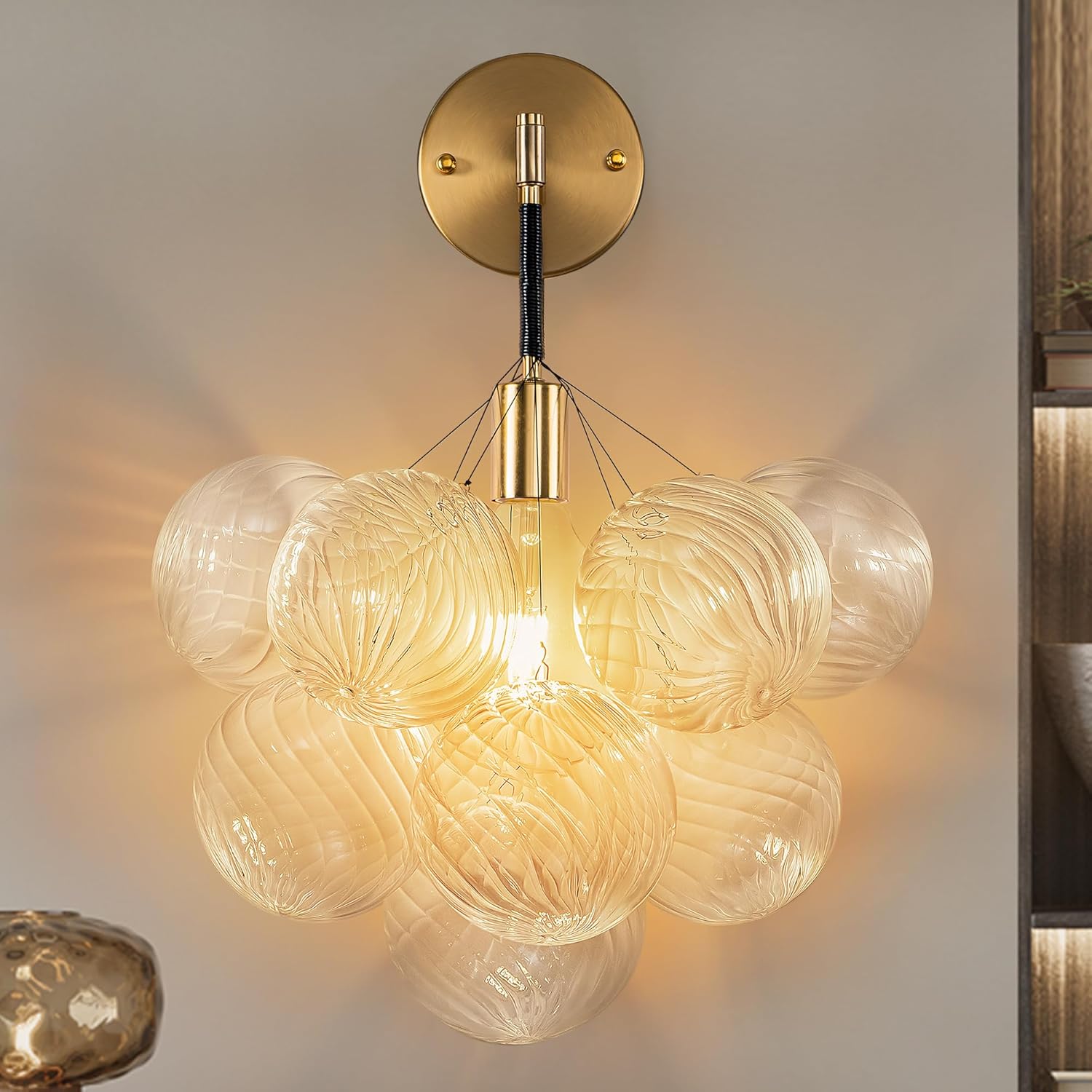 Black and Gold Bubble Wall Sconces, Glass Globes Shade Wall Lamps, Ribbed Glass Balls Wall Lights, Wall Mounted Light Fixture with Glass Lampshade for Bedroom, Dining Room, Living Room, Staircase