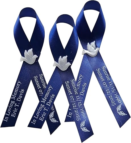 Miniatura 3 de Amy's Bubbling Boutique 20 Personalized Memorial Service Ribbon Pins for Funeral Celebration of Life Name & Dates - Custom Made Assembled Awareness