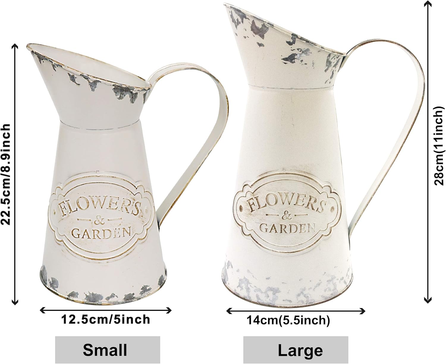 Soyizom Farmhouse White Metal Jugs for Shabby Chic Kitchen Decor, Tall Pitchers for Flowers, Rustic Bathroom Vases - Large, 11 H - Image 6