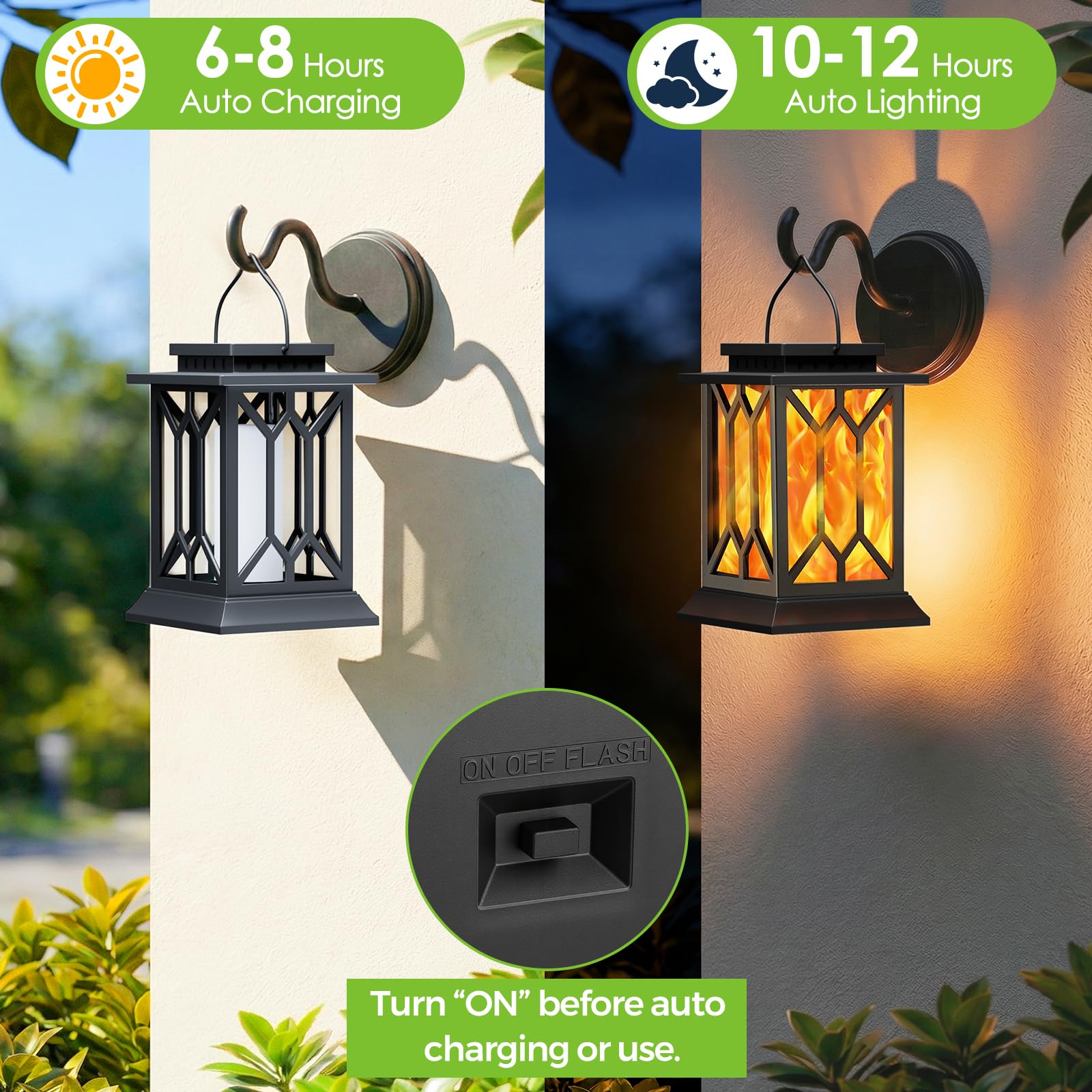 BOBKID Confezione da 2 lanterne solari per esterni, impermeabili, con fiamma tremolante, lampade decorative a energia solare, per esterni, giardino, cortile, patio, sentiero, decorazione per alberi