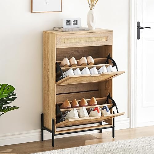 Miniatura 3 de IDEALHOUSE Gabinete de 2 puertas abatibles de ratán natural con 1 cajón, organizador de zapatos independiente, zapatero para entrada con estantes
