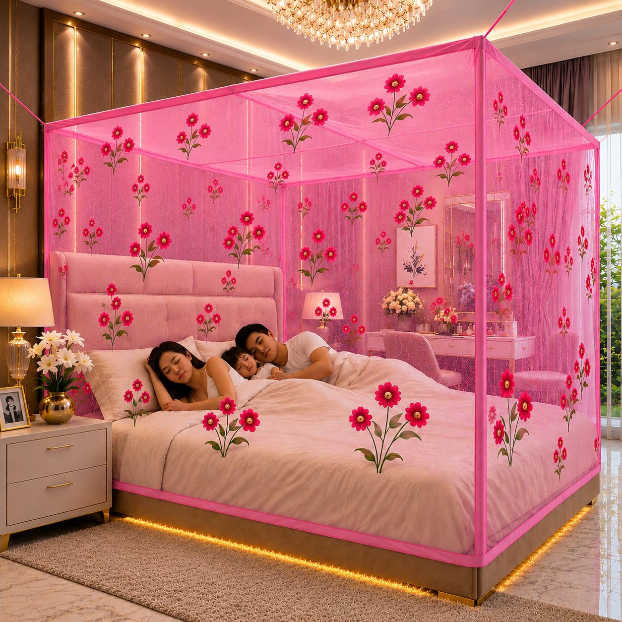 Pink Mosquito Net for Double Bed, 6x7 Feet | Floral Print, Cotton Tape Stitching, Hanging Loops-image-28