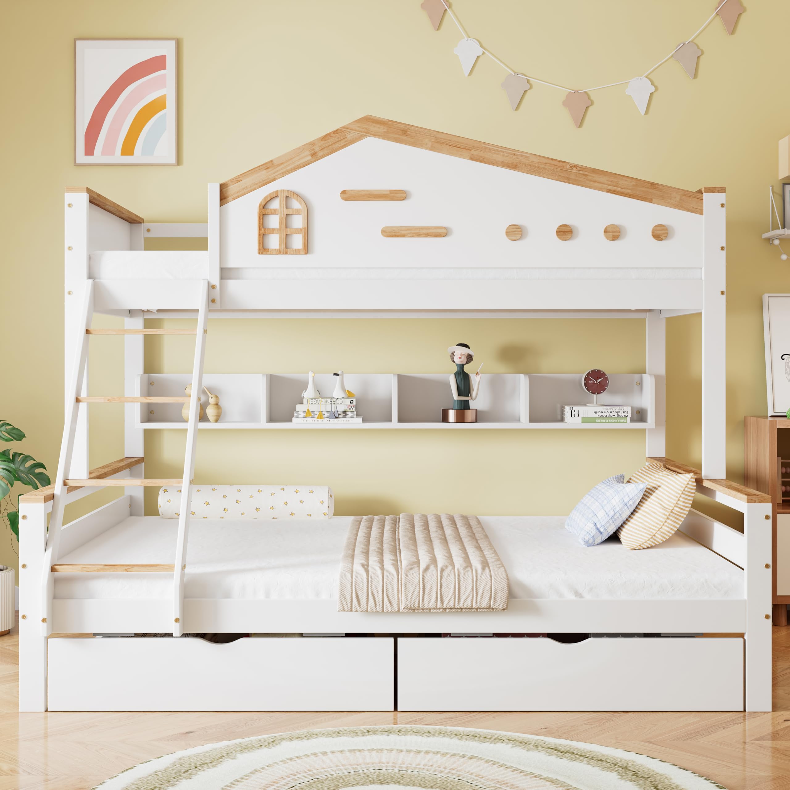 Lubvtti Litera Infantil con 2 cajones,Cama Infantil 90 x 200 cm y 140 x 200 cm,literas Juveniles con Estante Abierto,Estructura de Cama de Matrimonio de Madera Maciza, Blanco + Natural