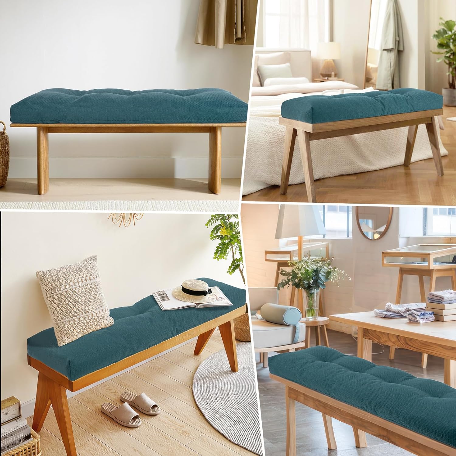 Bench Cushion 45 Inch - Sackcloth Fabric, High-Density Foam, Non-Slip Bottom, Soft Durable Indoor Tufted Long Seat Cushion for Window Garden Furniture (Light Blue, 45x18x4 Inch)