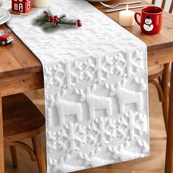 OTOSTAR Snowflake and Christmas Elk Soft Plush Faux Fur Jacquard Xmas Table Runner, Seasonal Holiday Dining Table Decoration for Home Party Decor 13x48 Inch Pure White