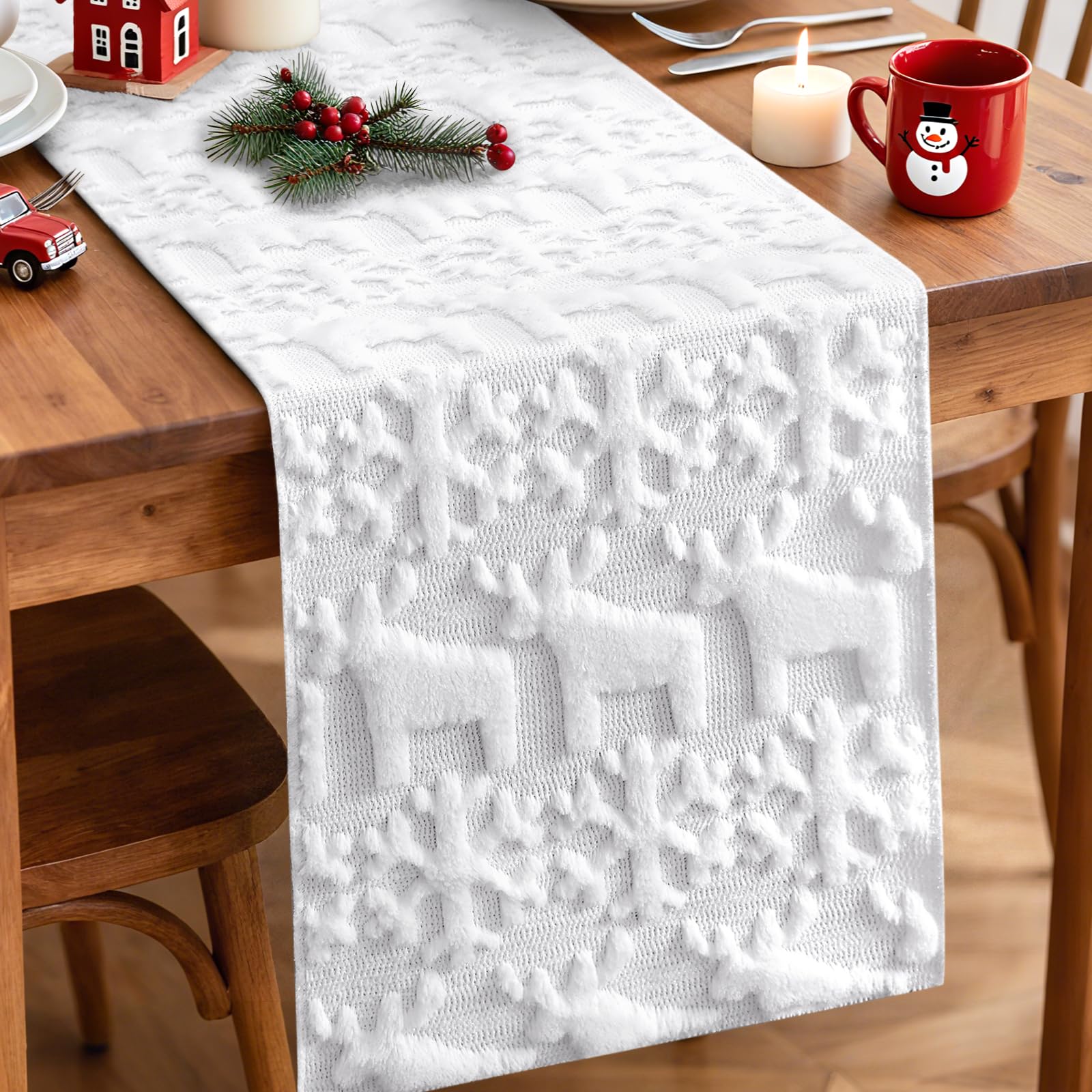 Artscope Snowflake and Christmas Elk Soft Plush Faux Fur Jacquard Xmas Table Runner, Seasonal Holiday Dining Table Decoration for Home Party Decor 40x100cm (White)