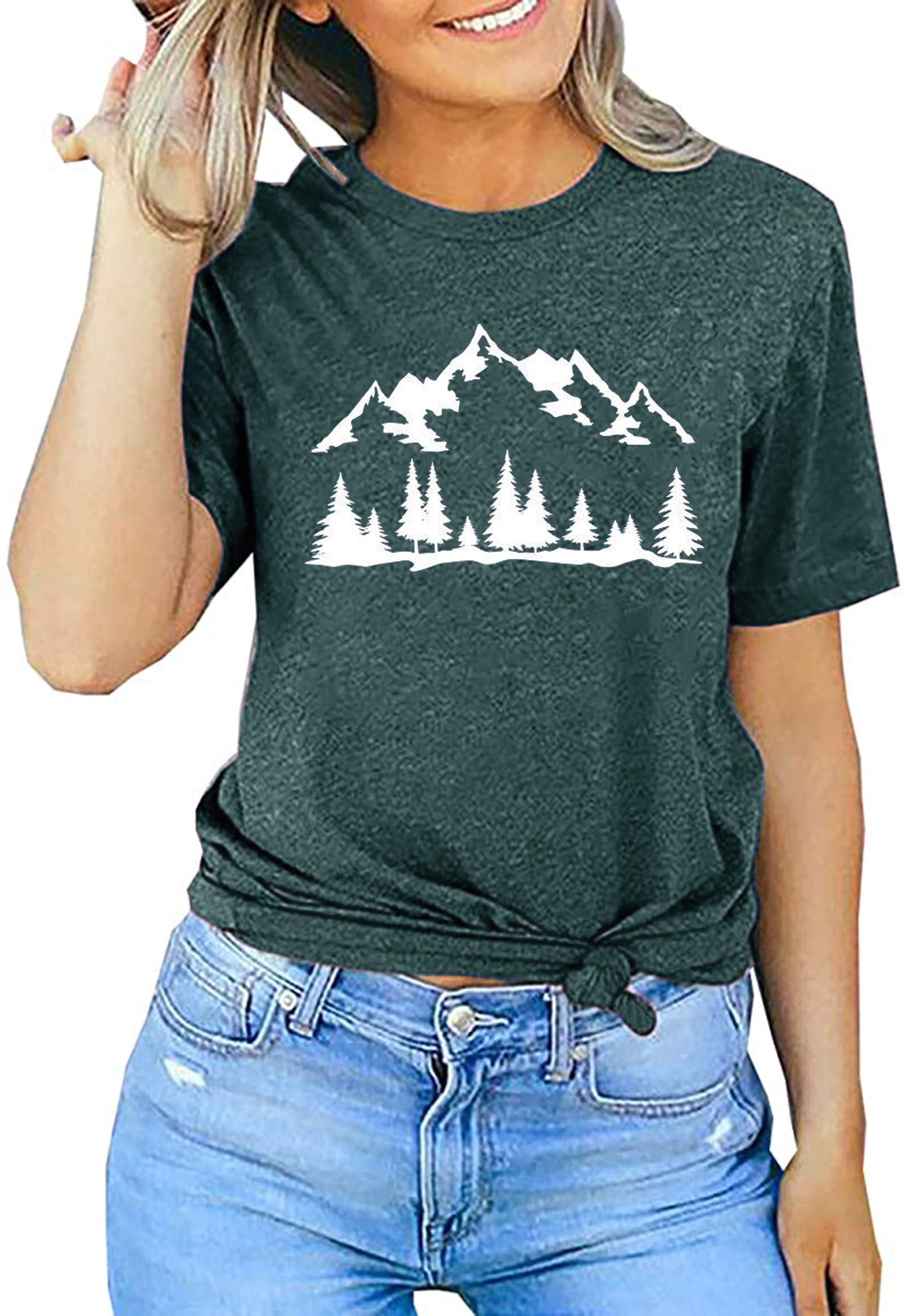 Mountain Shirt for Women Funny Pine Tree Graphic T-Shirt Camping Hiking Casual Nature Travel Short Sleeve Tee Tops