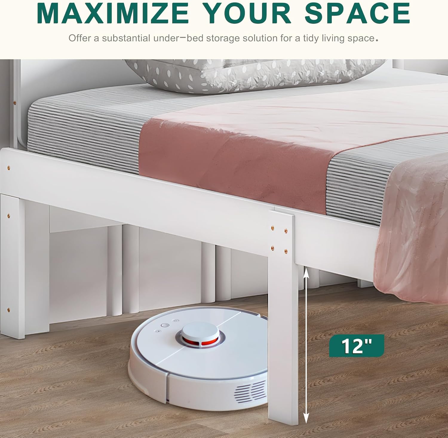 The Dolonm Twin Bed Frame showing 12 inches of under-bed clearance, with a robotic vacuum cleaner underneath.
