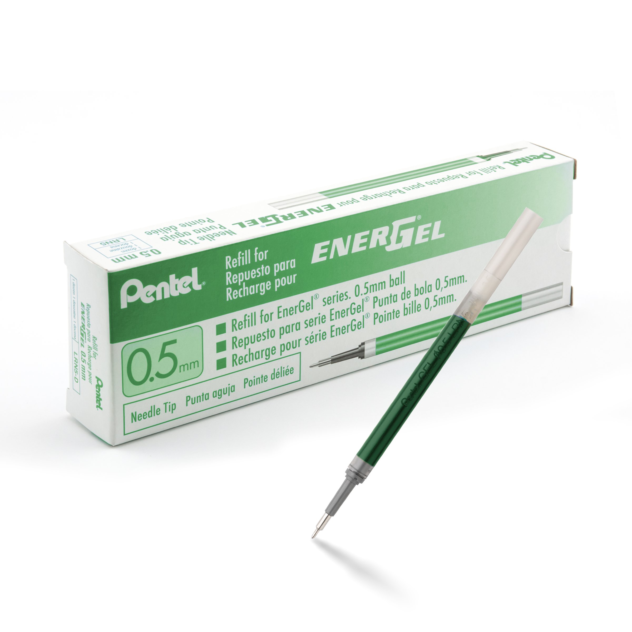 Pentel Refill Ink For EnerGel Gel Pen, (0.5mm), Needle Tip, Green Ink, Box of 12 (LRN5-D)