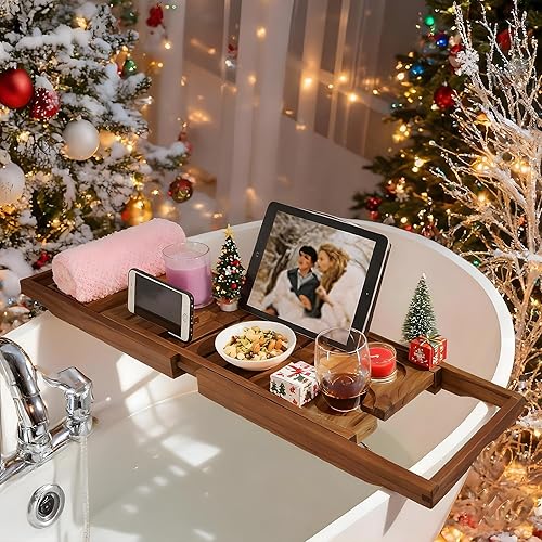 Miniatura 6 de VaeFae Bandeja de bañera de teca premium, bandeja de baño de madera expandible para bañera, accesorios de baño y bañera de lujo, gran inauguración