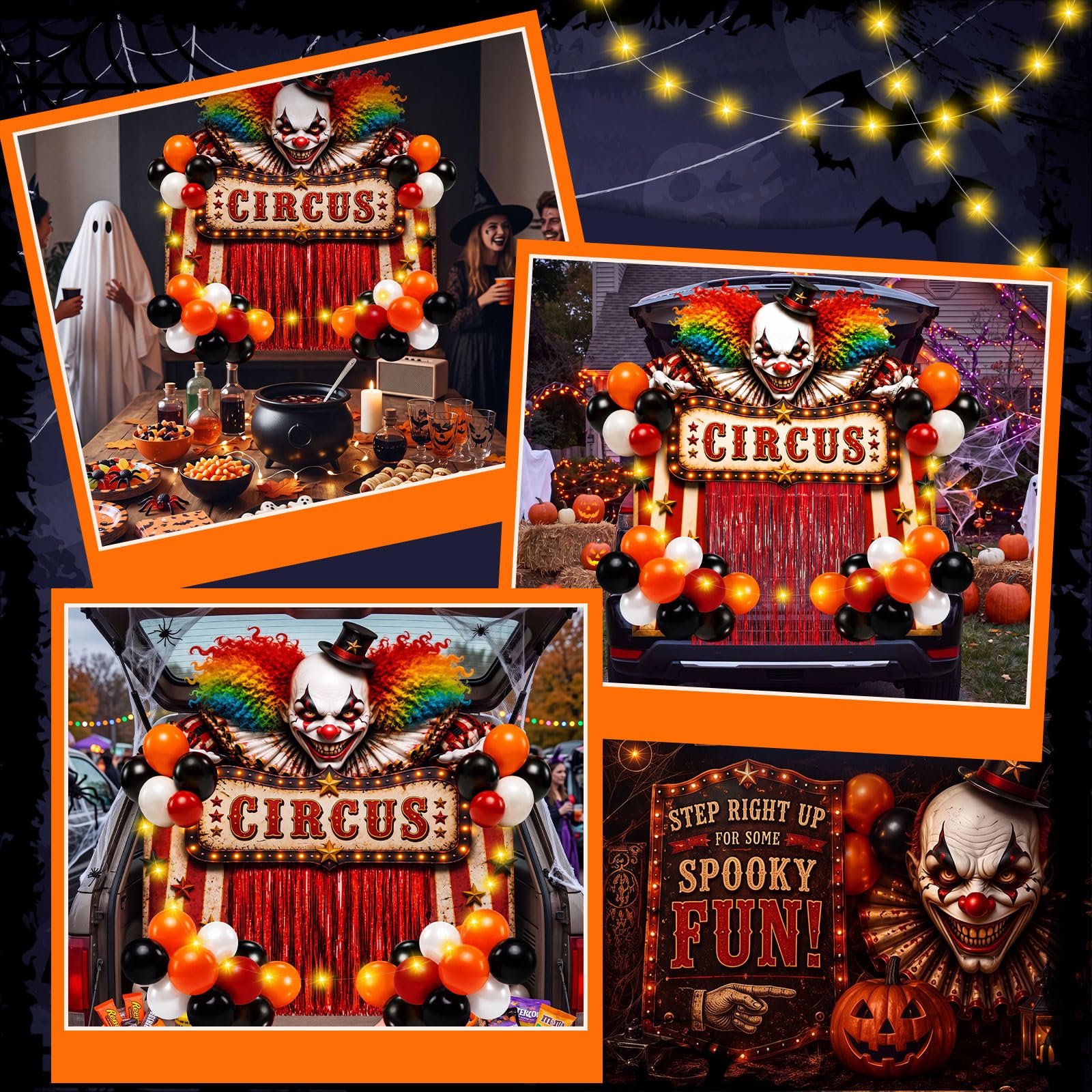 Soulchen Kit di decorazioni per bagagliaio di Halloween, per SUV, decorazione per interni ed esterni, pianeti, casa infestata, garage, palloncini sul prato, casa, esterni (circo carnevale)