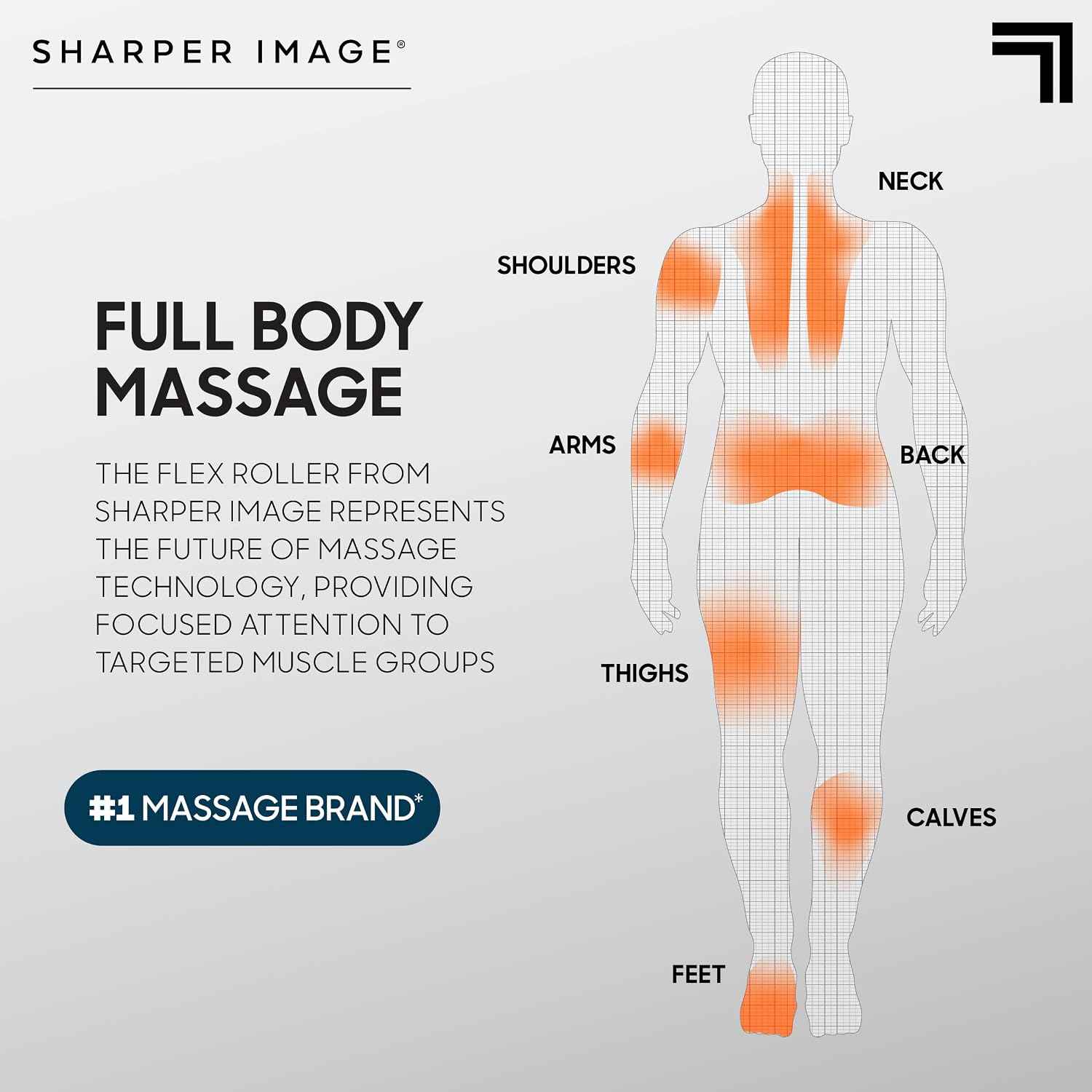 Human body diagram highlighting areas suitable for Flex Roller massage: neck, shoulders, arms, back, thighs, calves, feet.