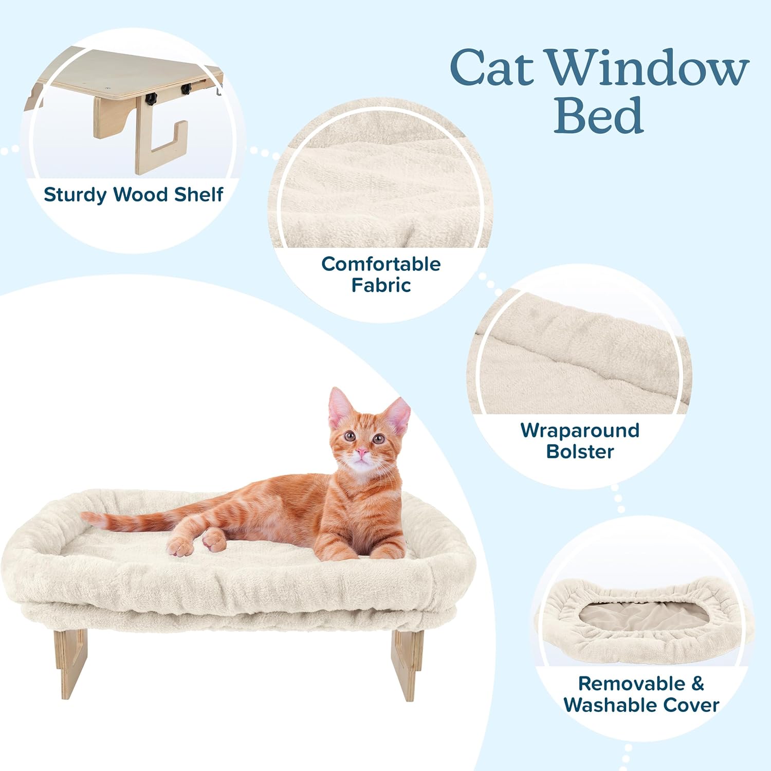 Cat Bed for Window Sill - Cat Window Perch with Bolster and Removable Washable Cover - Window Hammock with Sturdy Wood Frame for Large Cats - Pet Beds for Indoor Cats by PETMAKER (Cream)