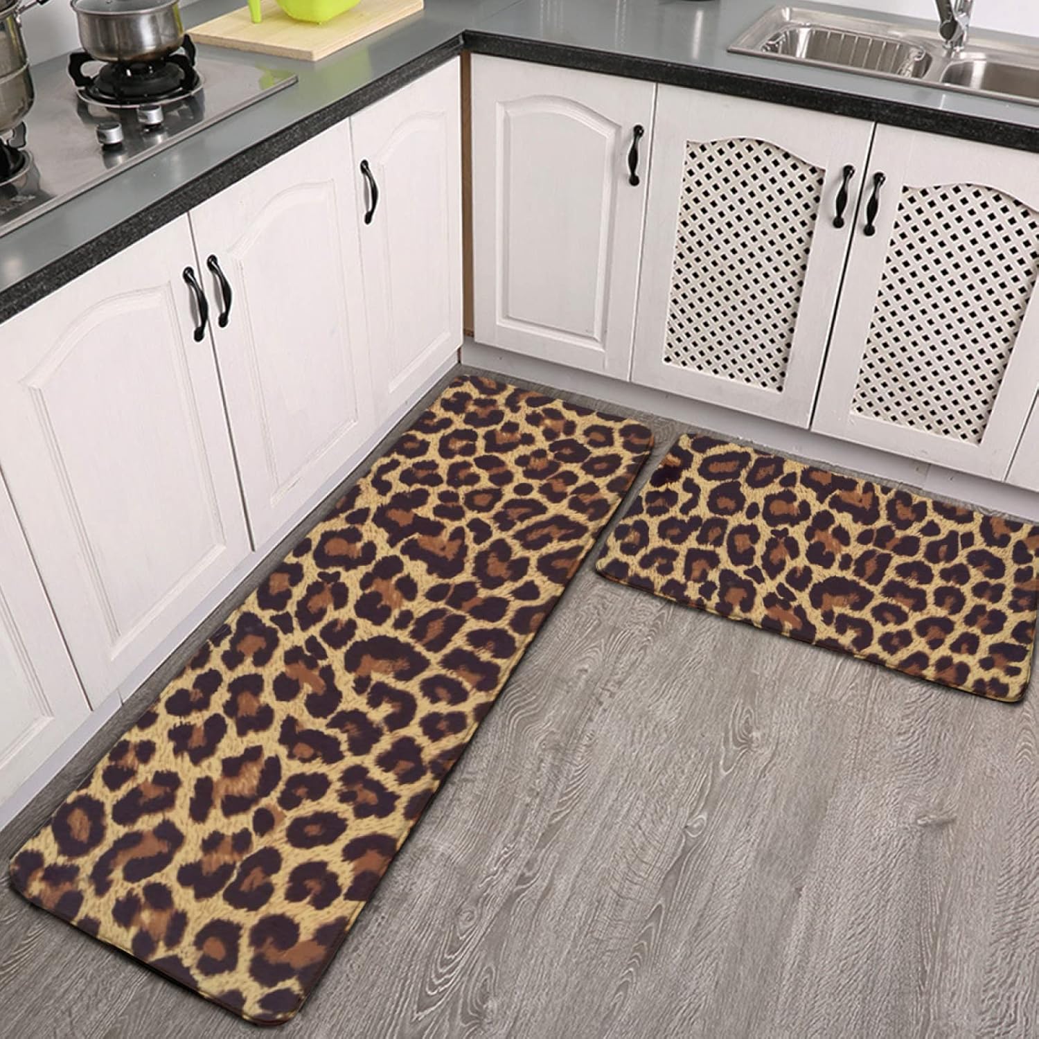 Cool Cheetah Leopard Pattern Kitchen Rug Set 2 PCS Floor Mats Washable Non-Slip Soft Flannel Runner Rug Doormat Carpet for Kitchen Bathroom Laundry