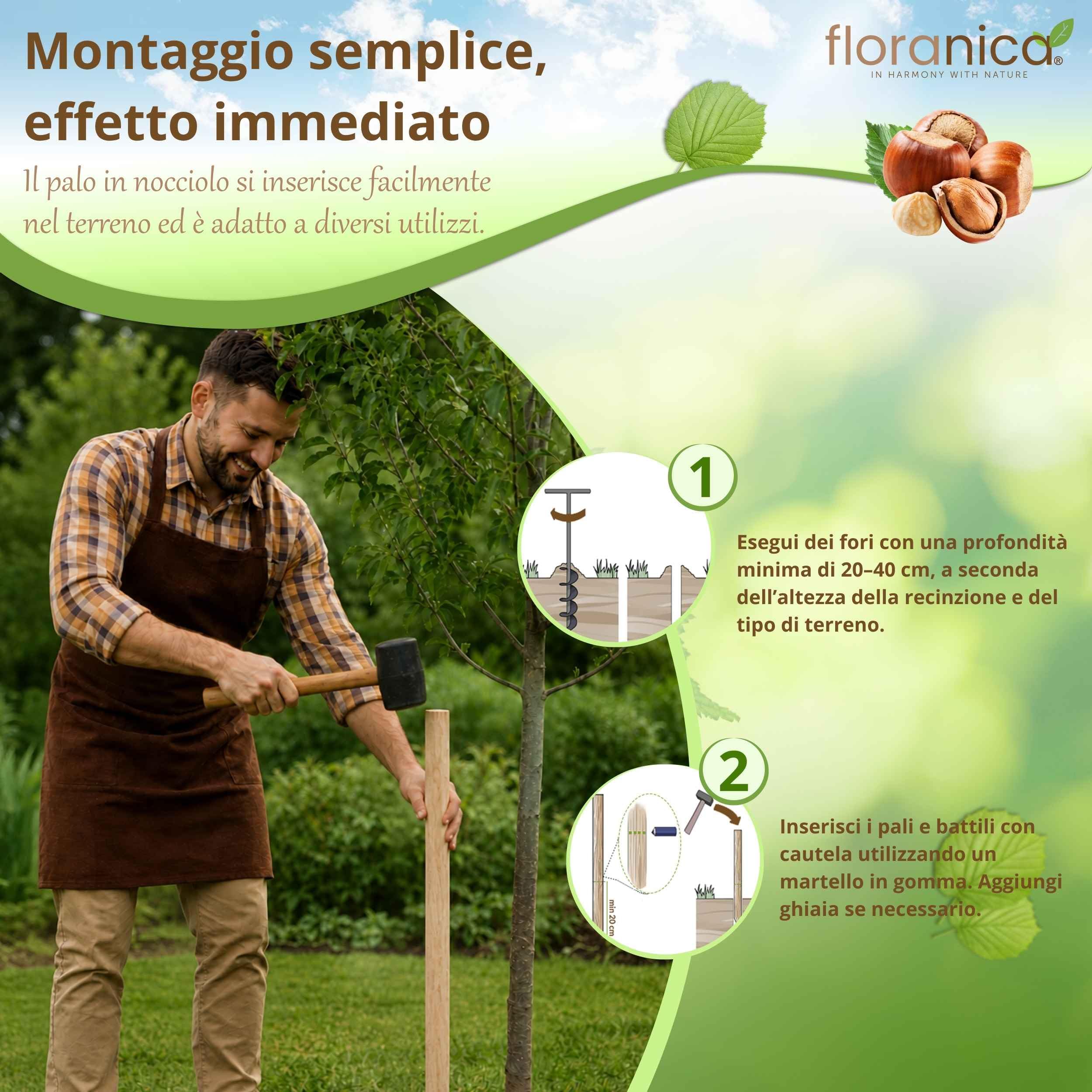Floranica 6 x palo per recinzione in nocciolo altezza 90 cm palo per recinzione a paletti pali di legno appuntito supporto per alberi