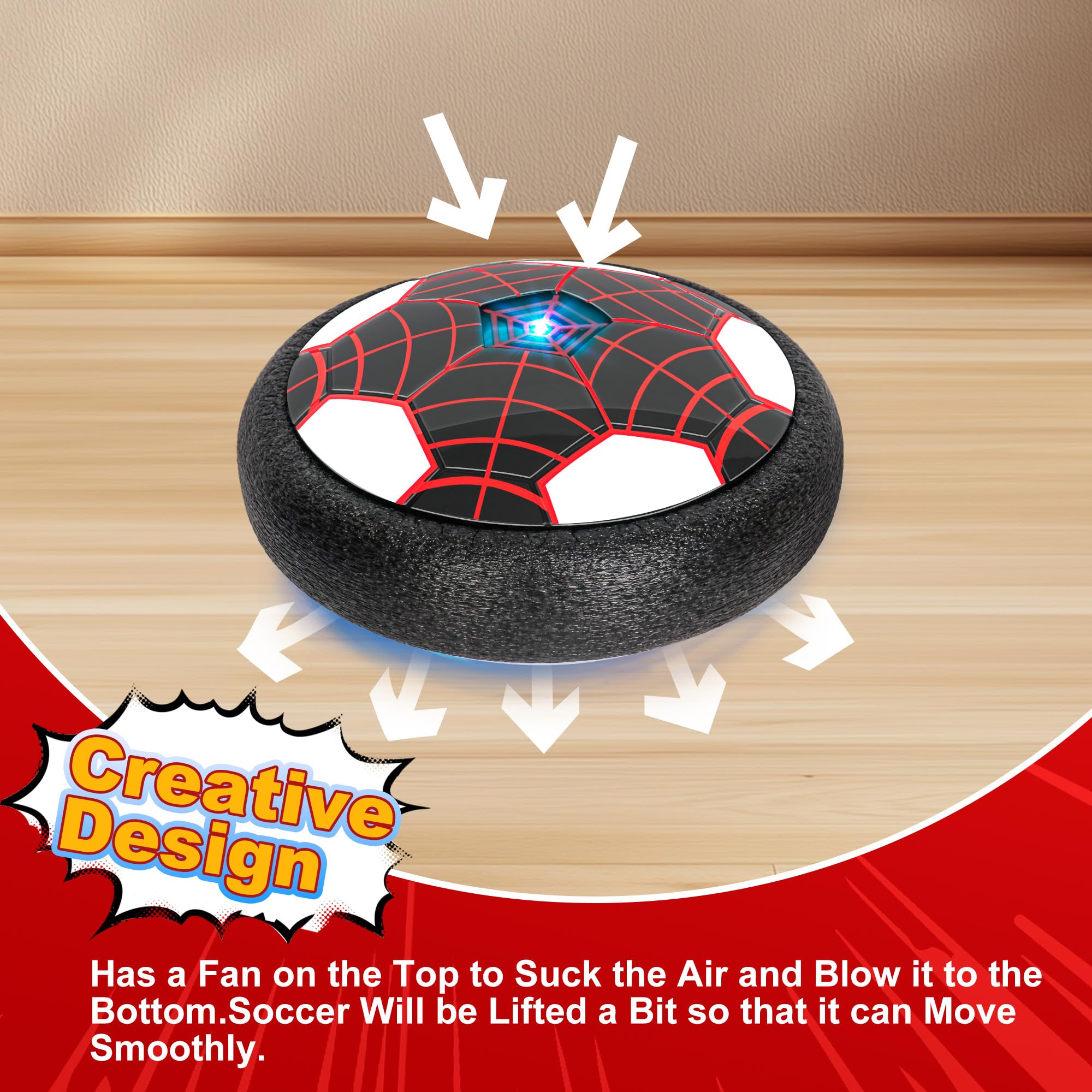 Spider Ballon de Foot Aéroglisseur LED - Lot de 2, Jouet Enfant Air Power Football 3-12 Ans, Football Enfant pour Intérieur/Extérieur, Idée Cadeau Garçon/Fille (Anniversaire, Noël)-RB