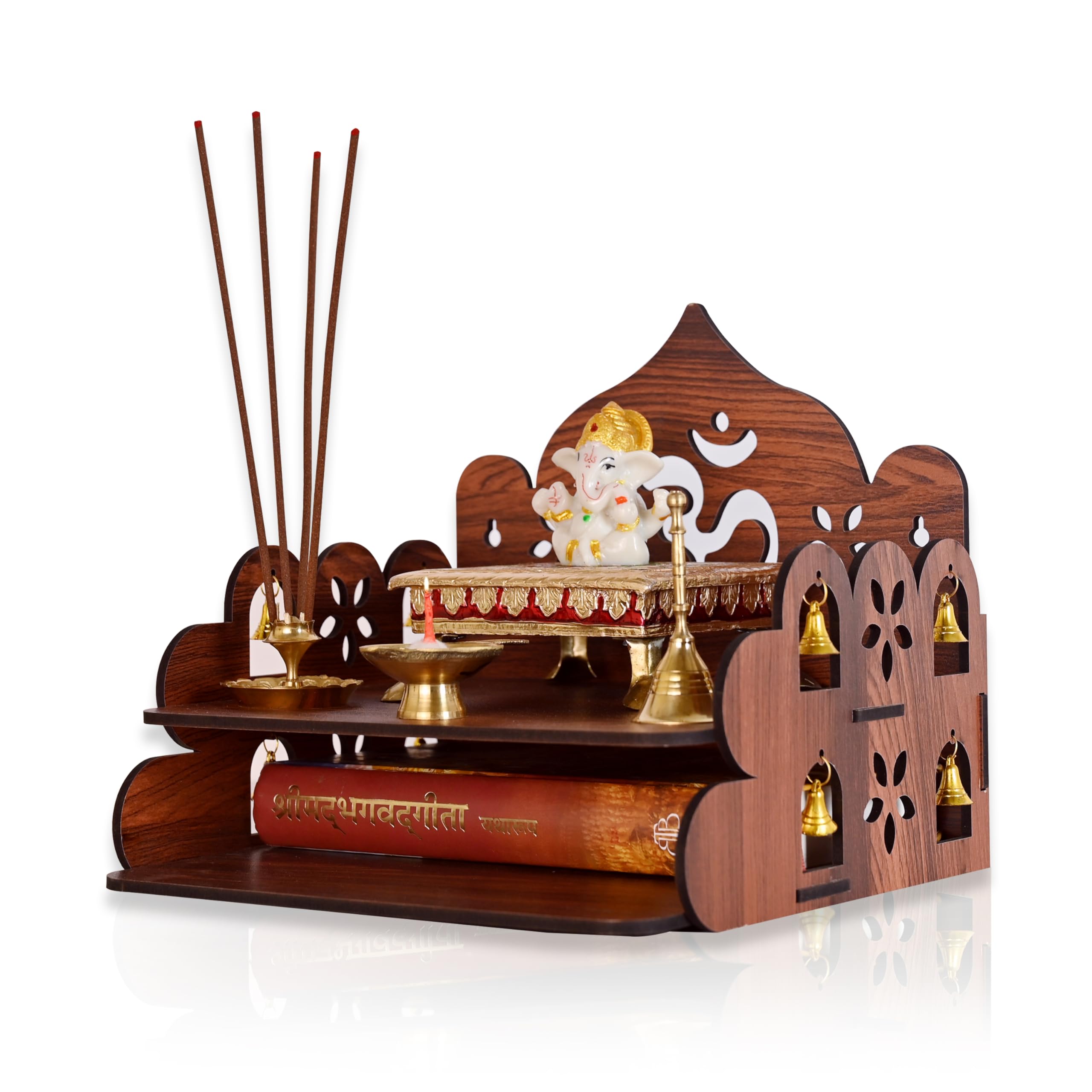 Goelite Small Pooja Stand for Home Wall Mount Or Tabletop | Pooja Mandir Temple for Office and Home with Bells | Unique Design