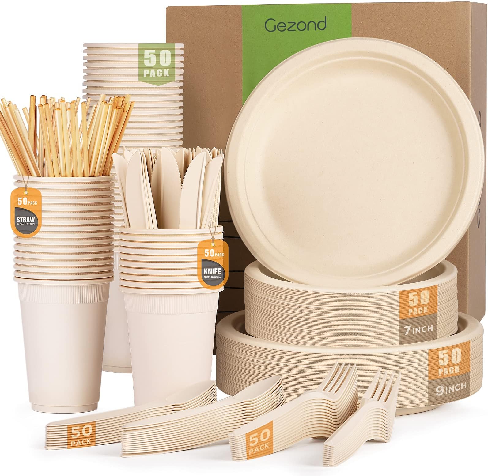 Gezond 350pcs Compostable Paper Plates Set Eco-friendly Heavy-duty Disposable Paper Plates Cutlery Includes Eco-friendly Plate, Forks, Knives, Spoons, Cups and Straws for Wedding Party, 50 Guests
