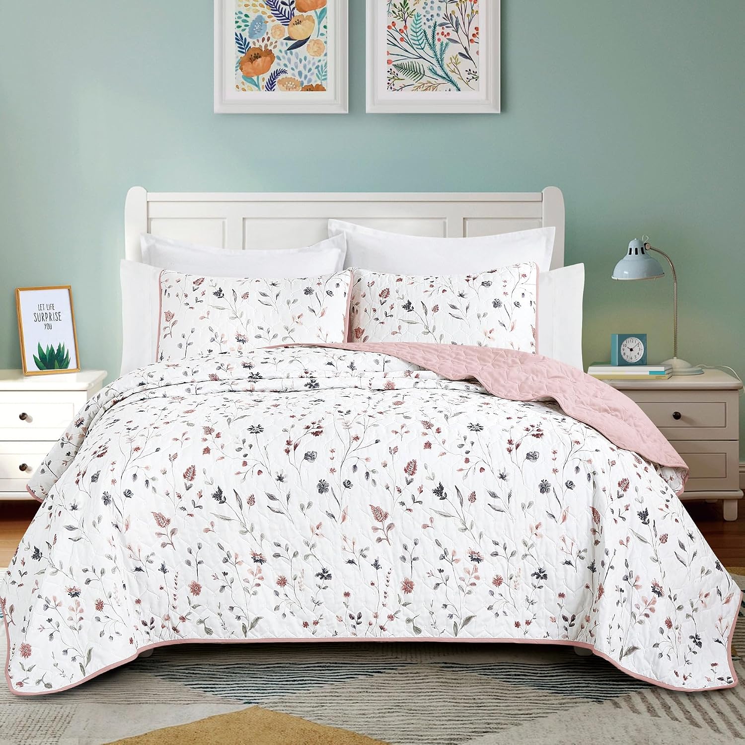 MarCielo Botanical Floral Quilt Set | Lightweight Bedspread, Includes Shams,Layerable Cover for All Seasons