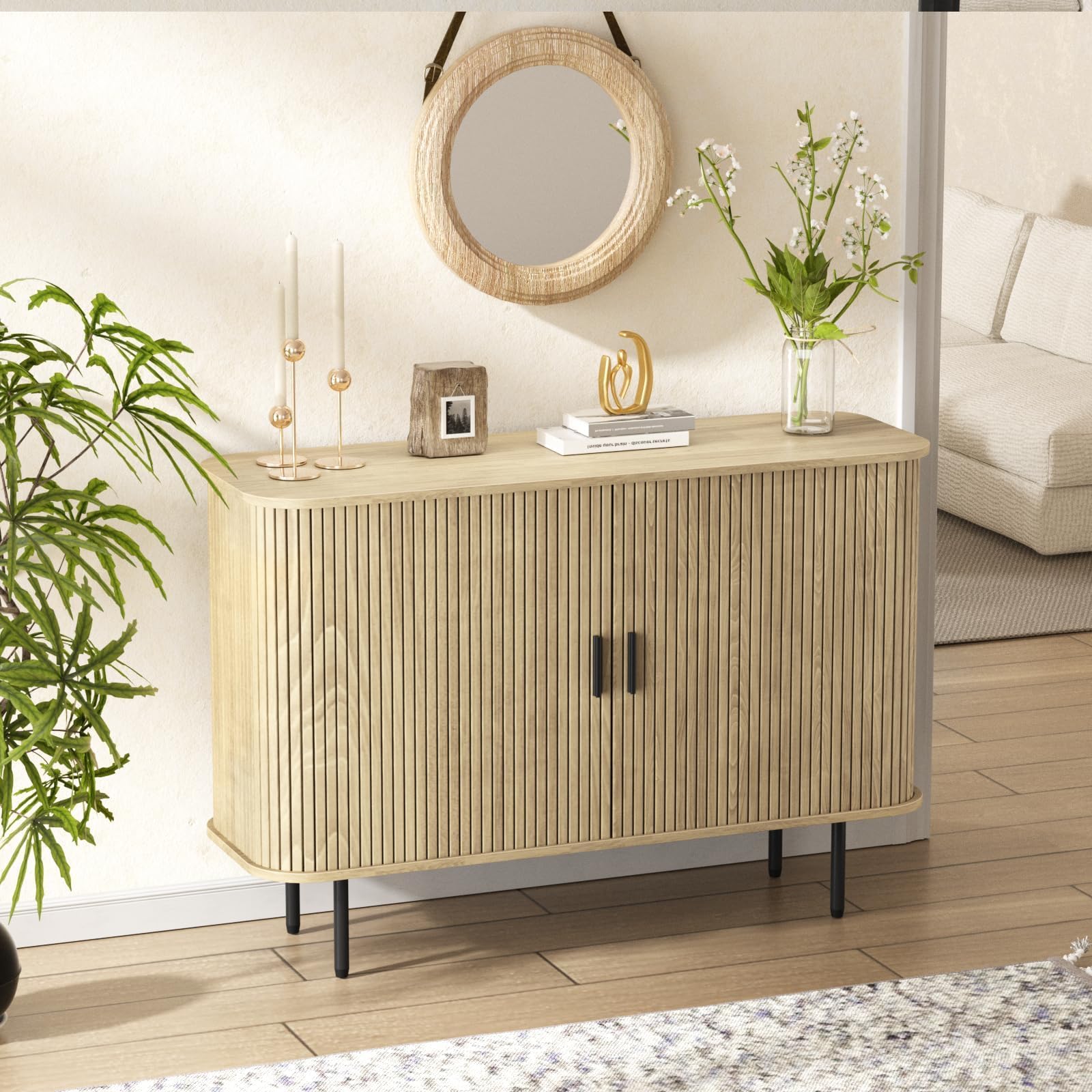 ( similar) ''H Buffet Sideboard Cabinet with Storage,Natural Fluted Storage Accent Cabinet with Curvy Edge; Sliding Door, Credenza, Console Table for Living, Dining Room, Kitchen, Hallway