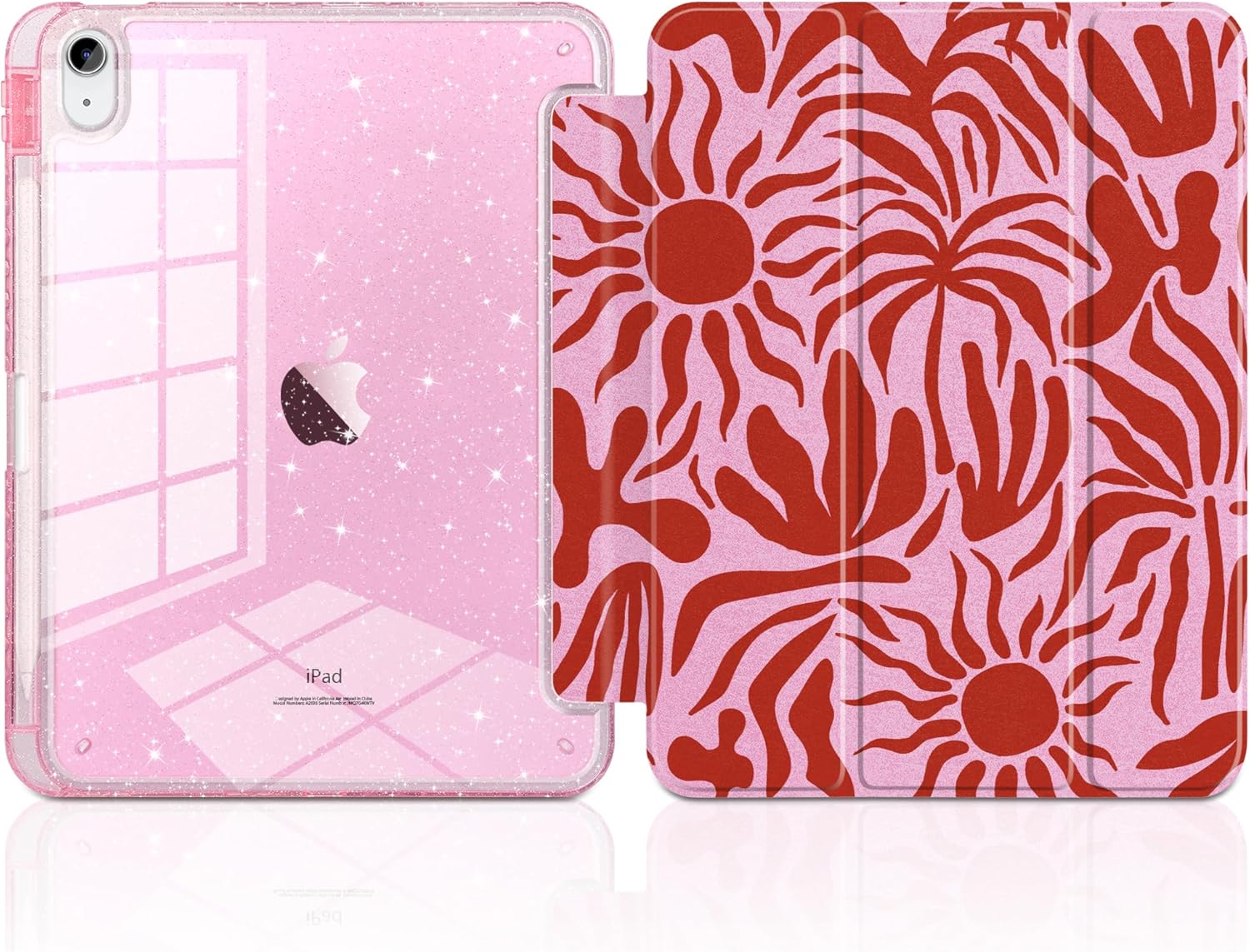 MEEgoodo Case for iPad A16 11th Generation 2025/10th Generation 2022, Glitter Tablet Cases with Transparent Acrylic Back+Trifold Stand +Pencil Holder+Auto Wake/Sleep,Abstract Sun & Palm Tree