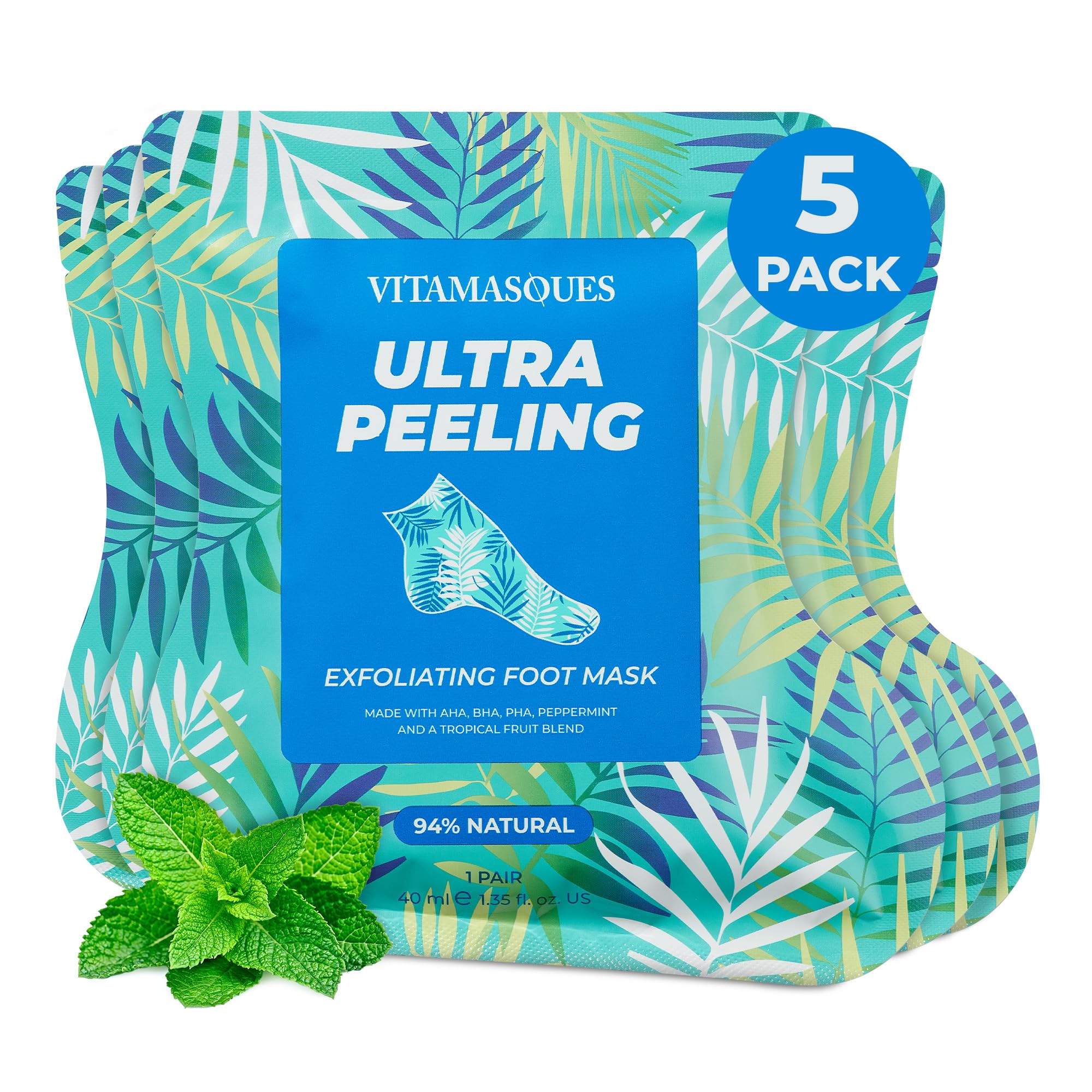 Vitamasques Foot Peeling Mask - 5 Pairs Professional Korean Exfoliating Foot Mask for Dry Cracked Feet & Callus Removal, Feet Peeling Masks that Remove Dead Skin for Soft Heels with AHA BHA PHA