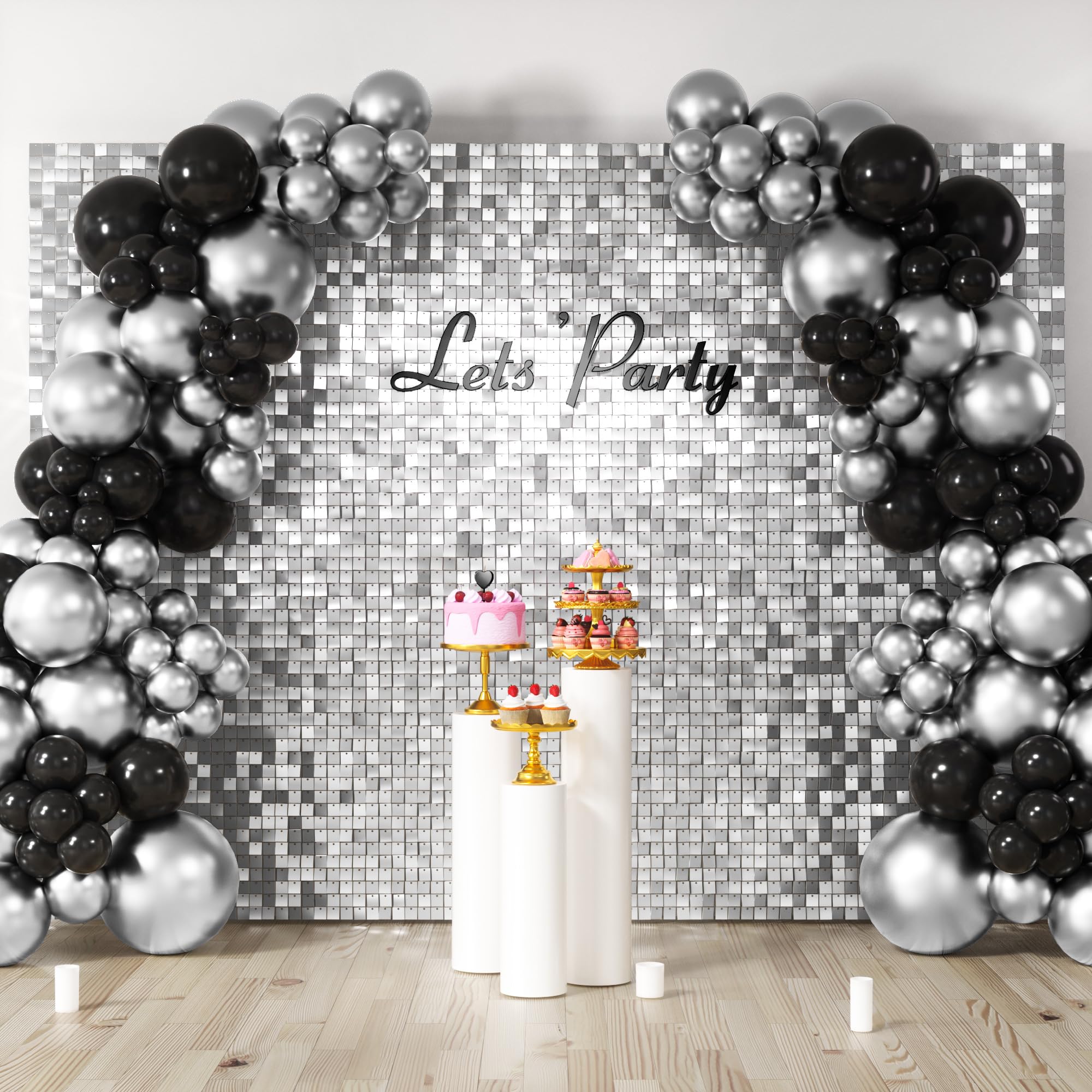 COKAOBE Silver Shimmer Wall Backdrop, 48PCS Square Sequin Shimmer Backdrop Panel, Photo Backdrops for Birthday, Anniversary, Wedding, Graduation & Bachelorette Party Decoration