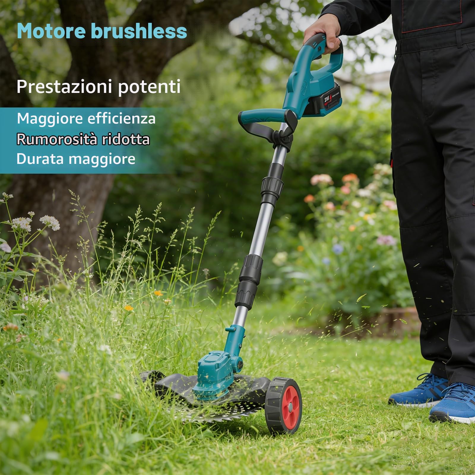 Decespugliatore a batteria senza cavo, 4000 W, decespugliatore elettrico pieghevole, con batteria e 3 lame, larghezza di taglio 23 cm, lunghezza retrattile, per giardino, prato e patio (blu a batteria